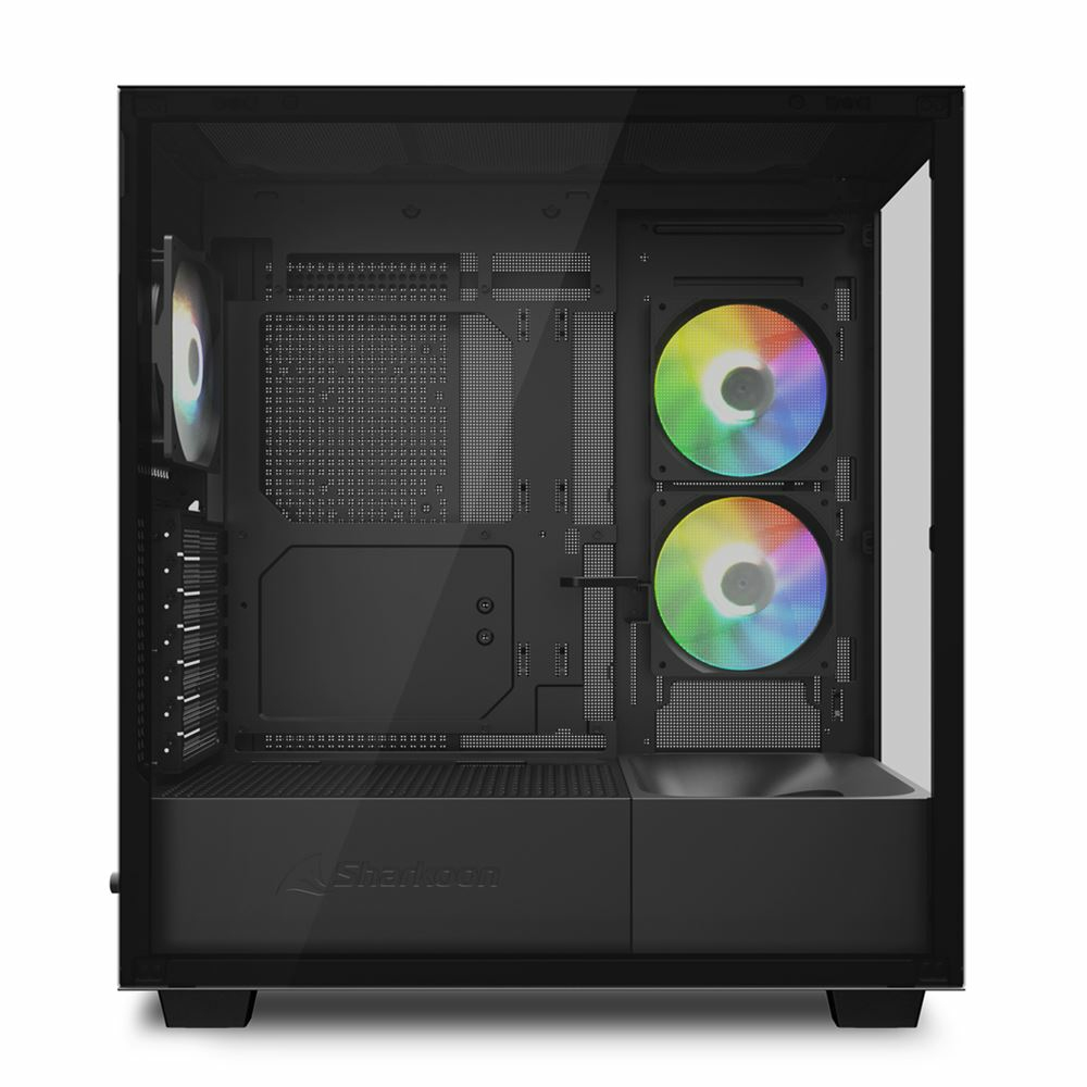 Innenraum eines schwarzen Computergehäuses, zeigt Lüfter mit RGB-Beleuchtung und Sharkoon-Branding.