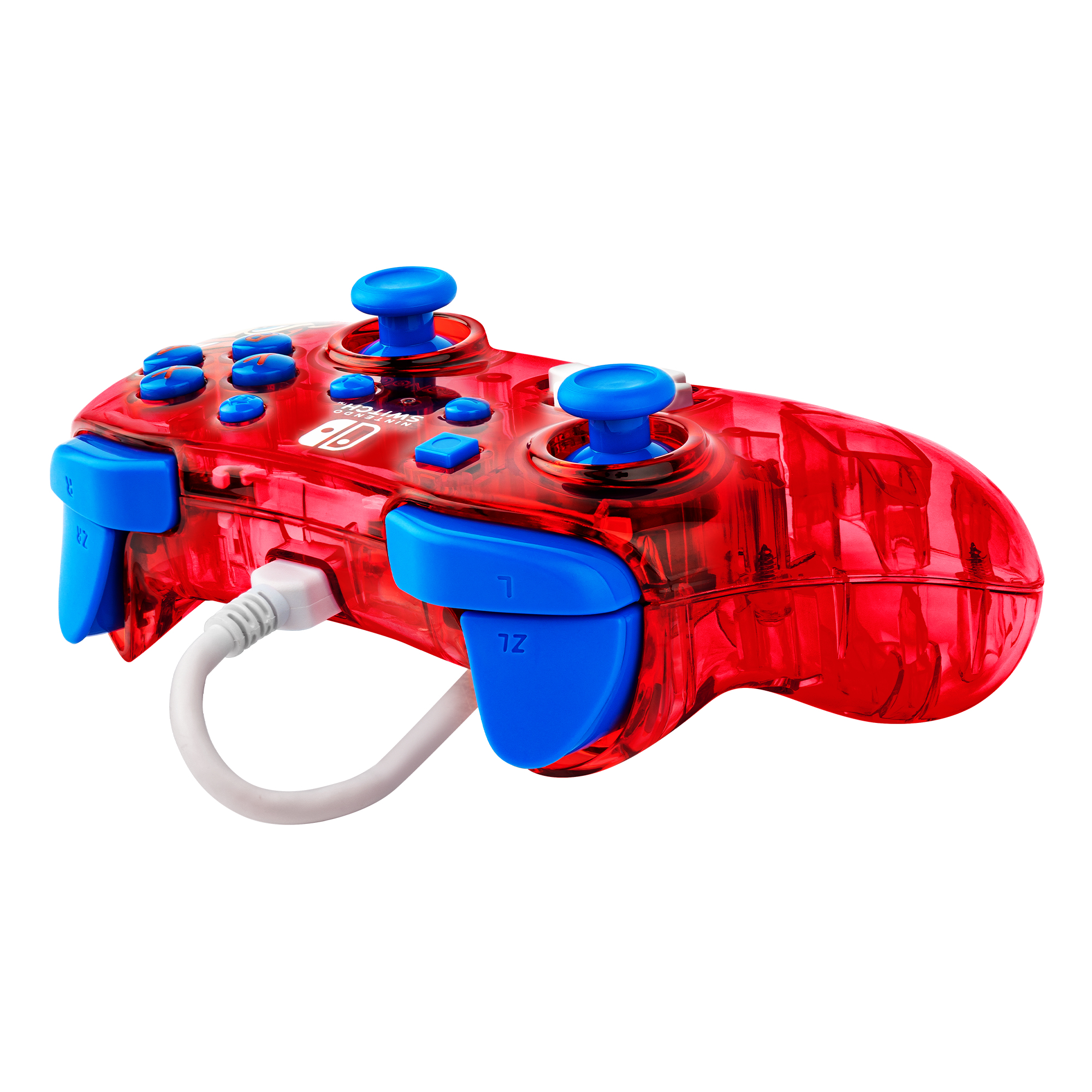 Ein roter Nintendo Switch Controller mit blauen Knöpfen und einem weißen Ladekabel.