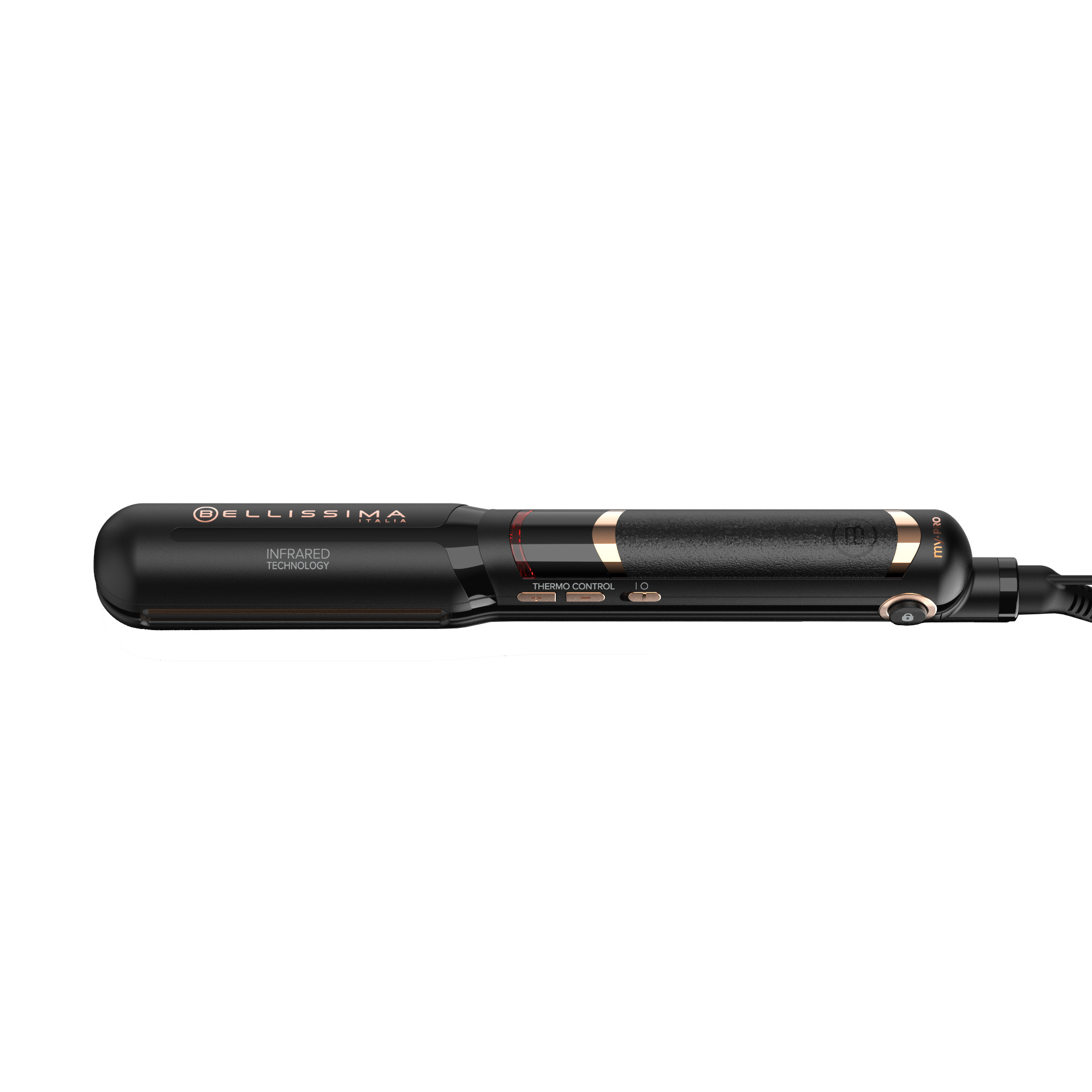 Piastra per capelli nera e oro. Ha una tecnologia a infrarossi e controllo termico.