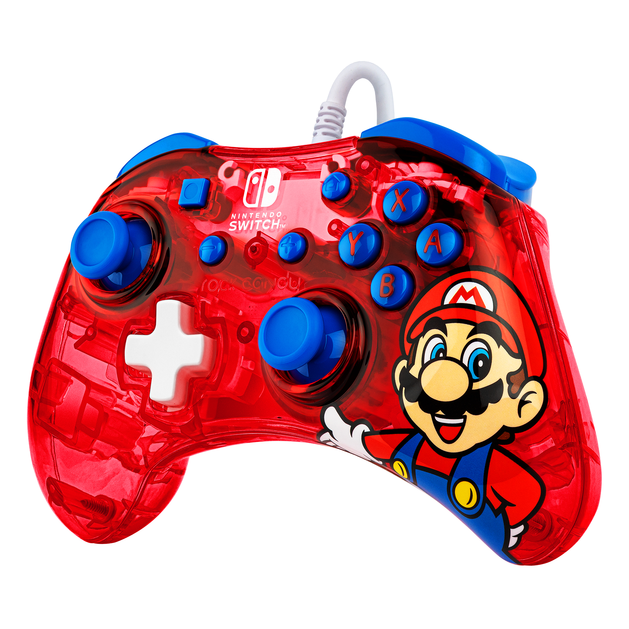 Roter Nintendo Switch Controller mit Mario. Hat blaue Knöpfe und ein weißes Pluszeichen.