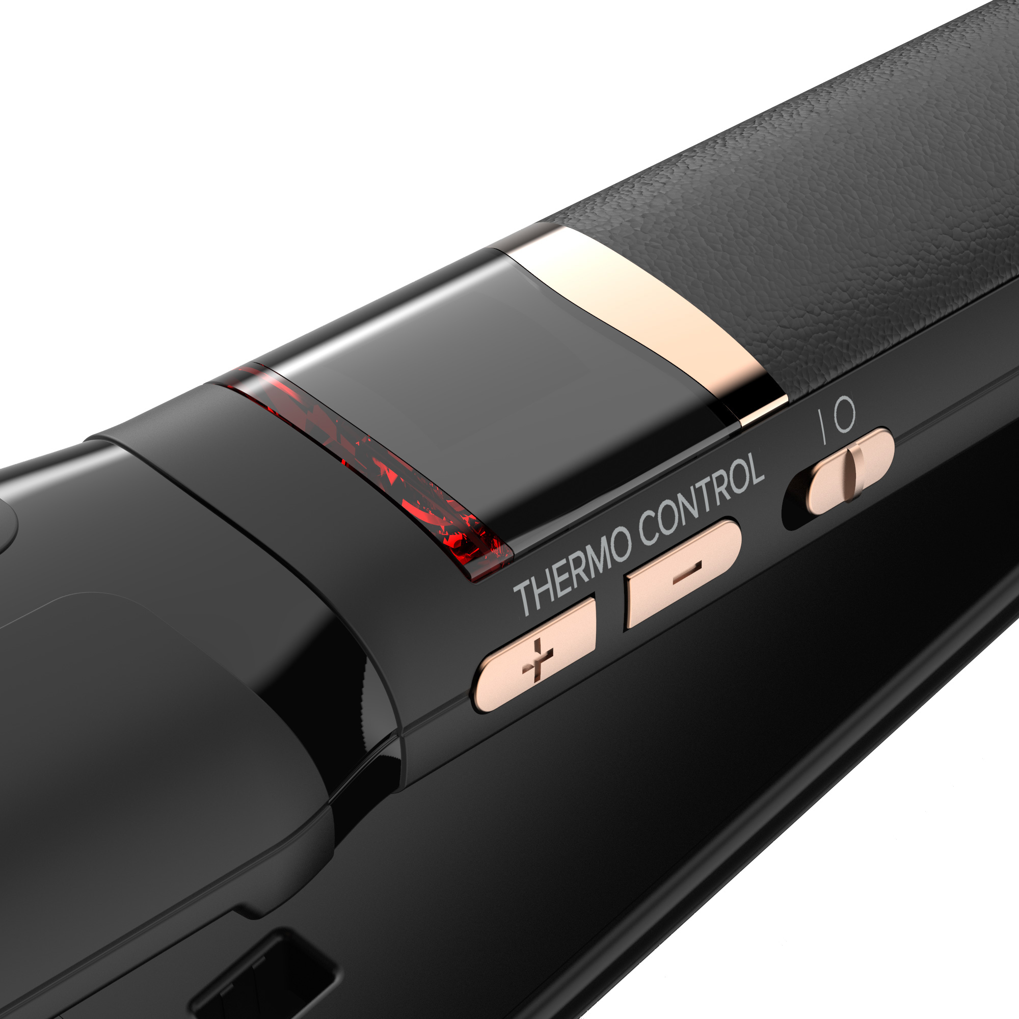 Piastra per capelli nera con pulsanti e display per il controllo della temperatura.