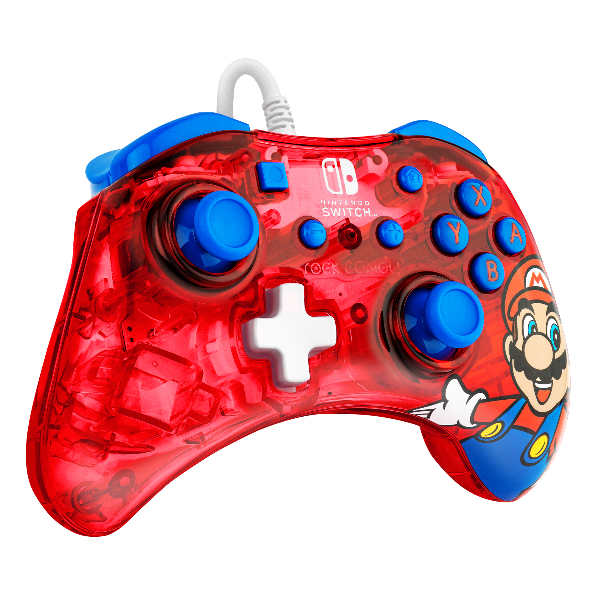 Ein roter, transparenter Nintendo Switch Controller mit Mario-Grafik und blauen Knöpfen.