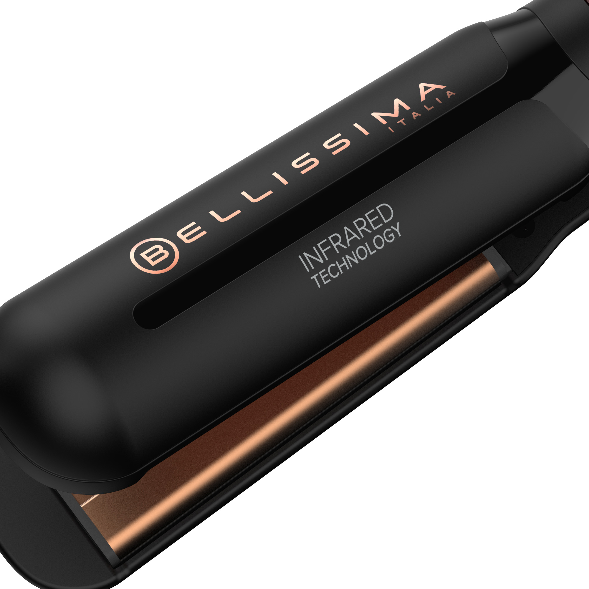 Piastra per capelli nera con il marchio Bellissima. Ha piastre aperte, elemento riscaldante visibile.