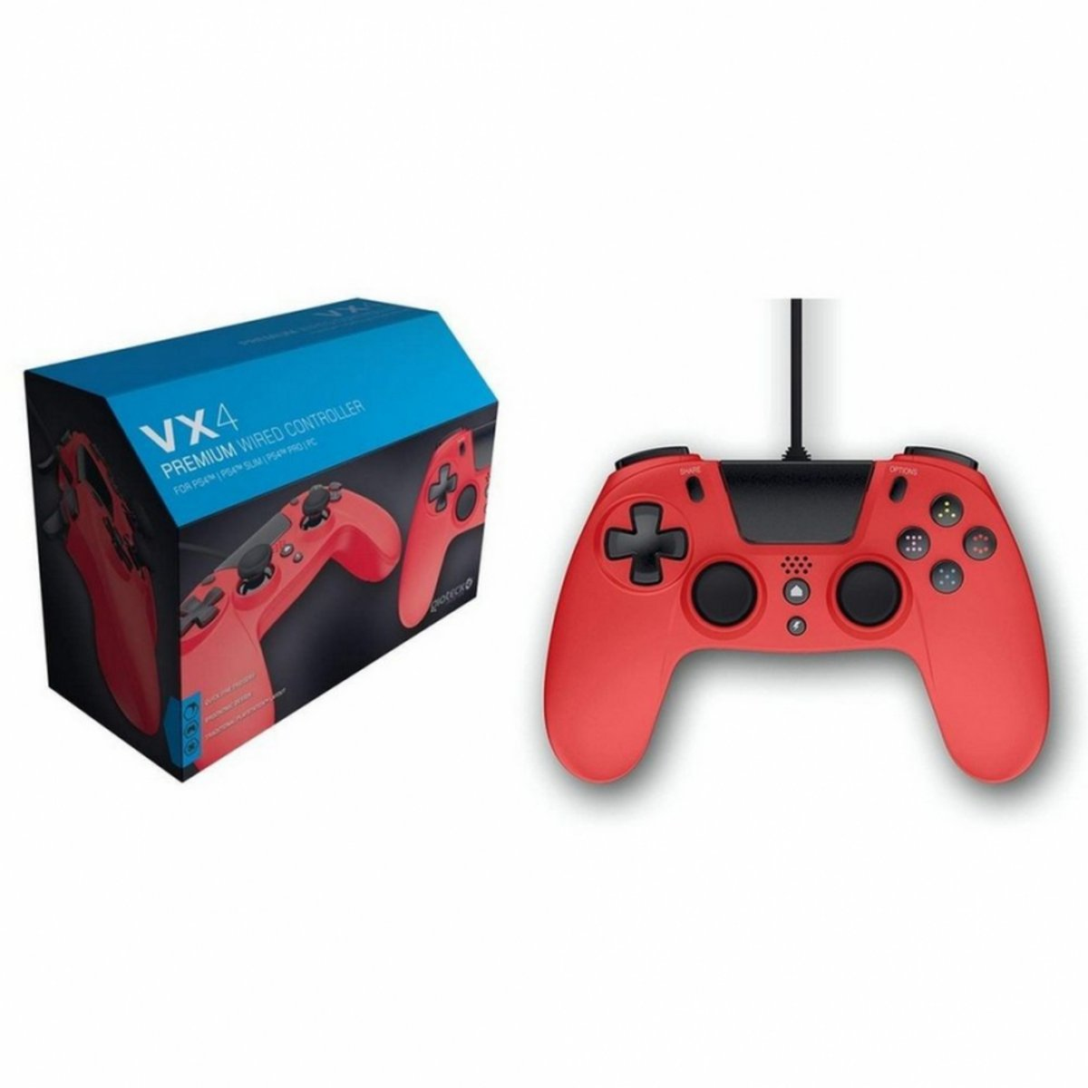 Roter Gamecontroller und Box. Box zeigt Controller-Bild. Weißer Hintergrund.
