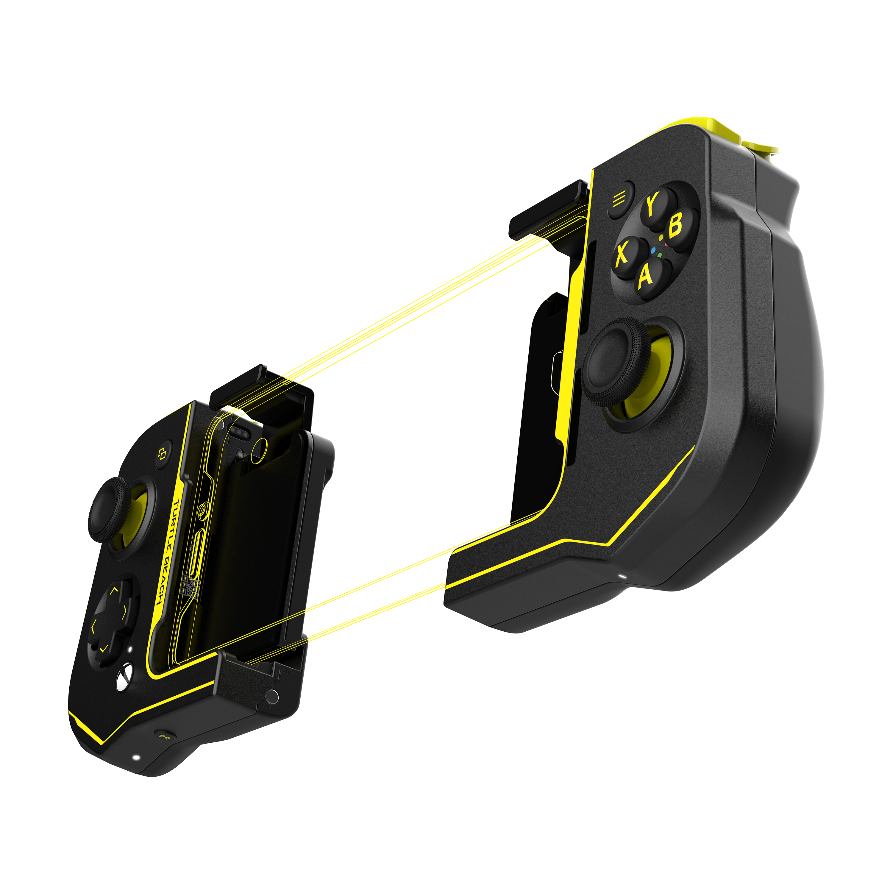 Ein schwarz-gelber mobiler Gaming-Controller mit abnehmbarem Design.