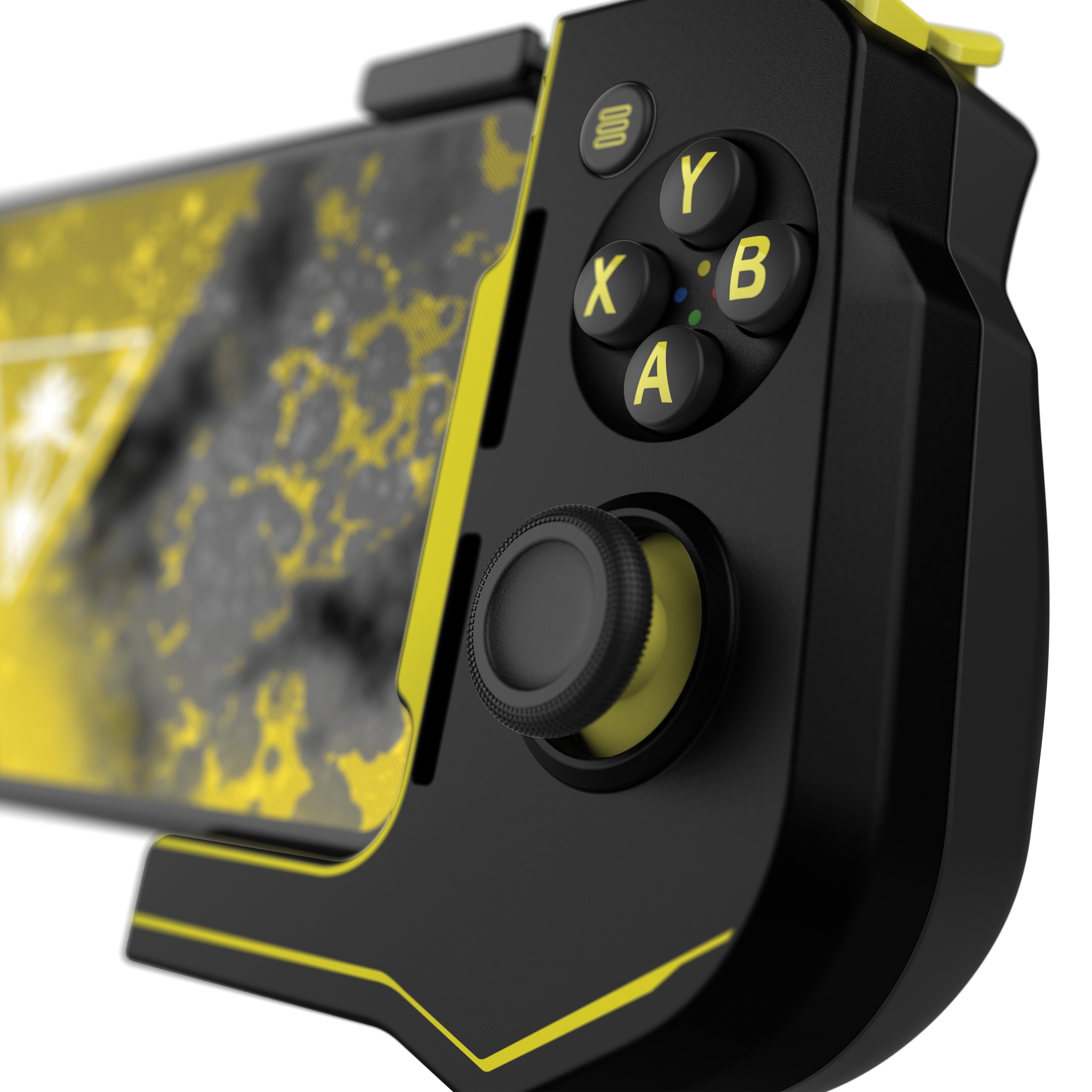 Schwarz-gelber Gamecontroller mit Knöpfen und Joystick, schräge Ansicht.