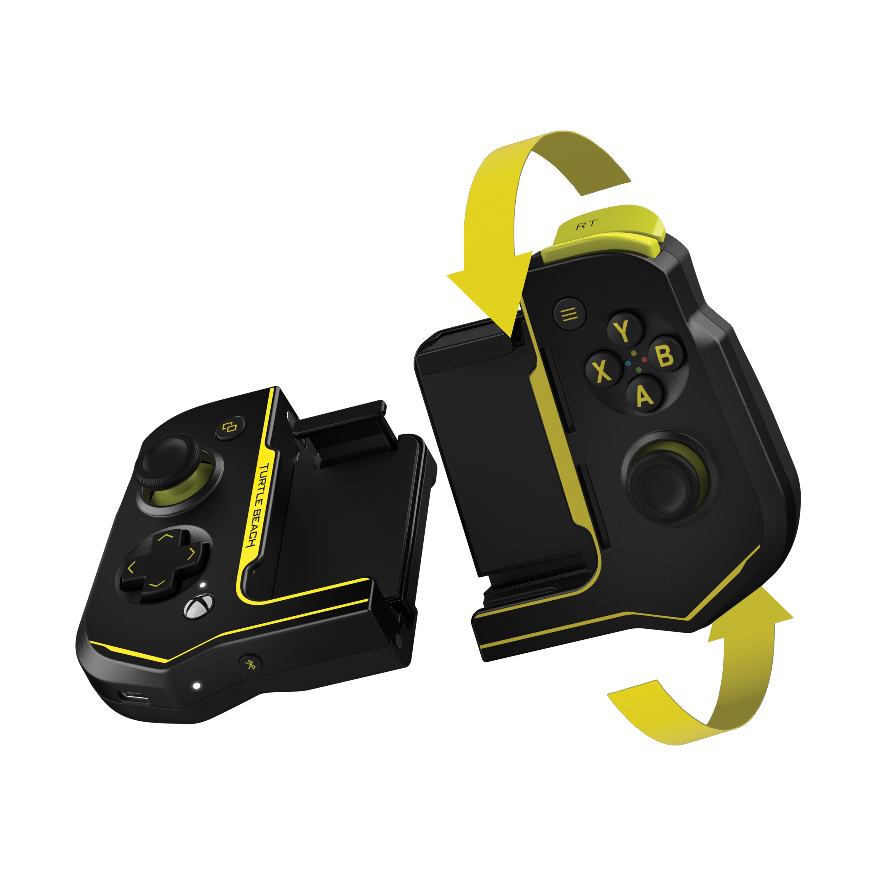 Ein schwarz-gelber Turtle Beach Mobile Game Controller, der in zwei Teile geteilt ist.