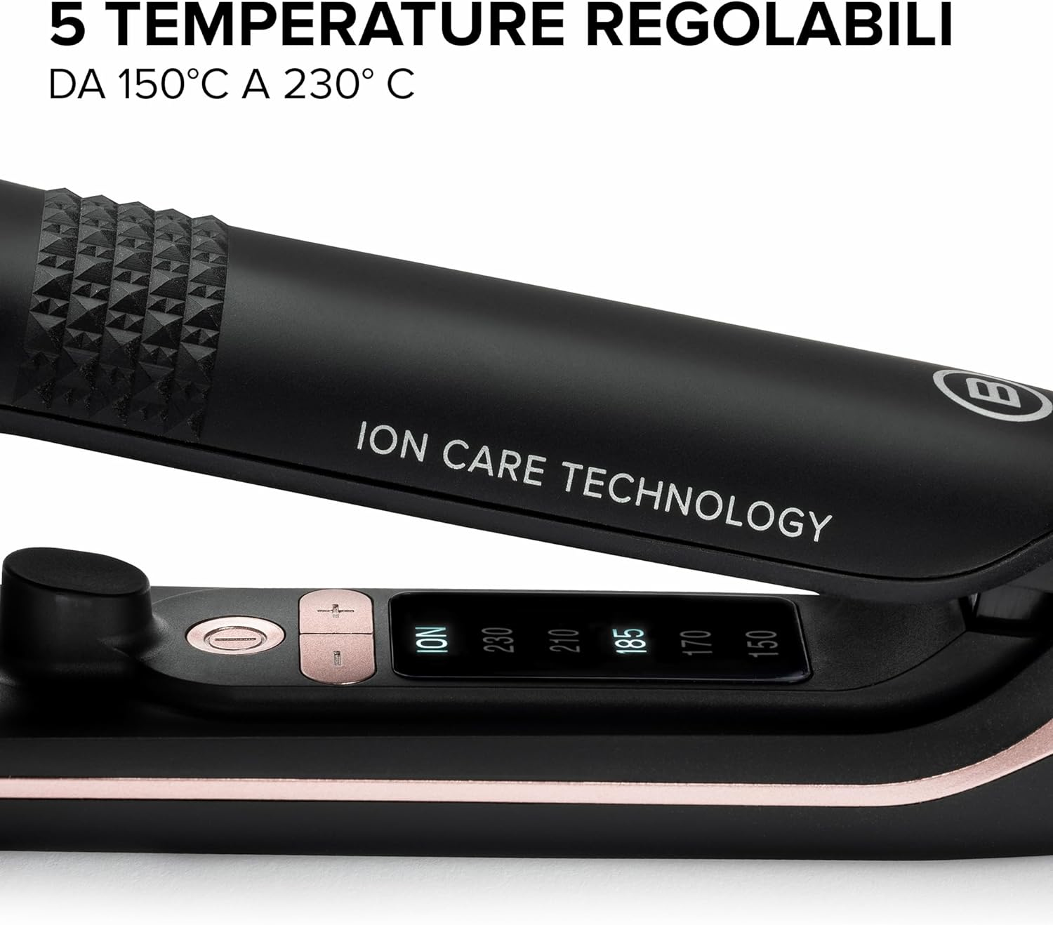 Czarna prostownica do włosów. Tekst: Ion care technology, 5 ustawień temperatury. Akcenty różowego złota.
