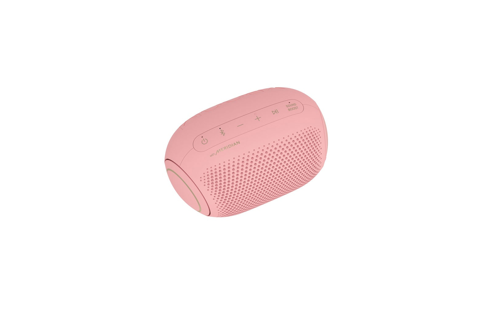Altoparlante wireless rosa. L'altoparlante è ovale con pulsanti e griglia a rete.