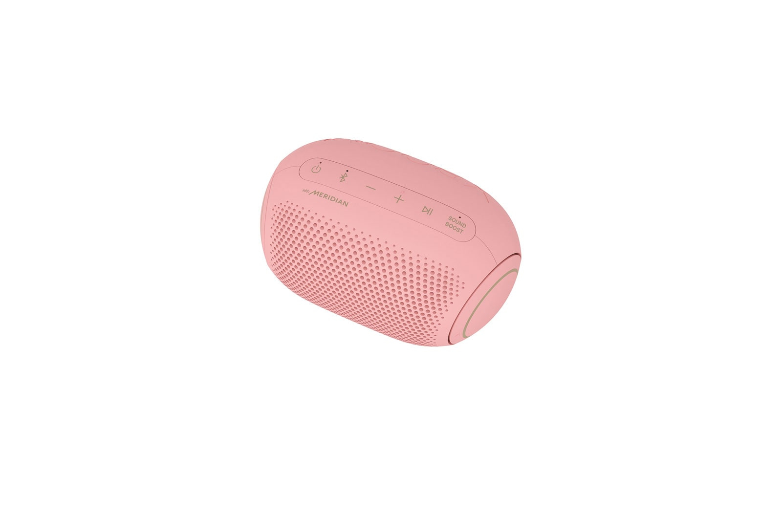 Altoparlante ovale rosa con pulsanti in alto, su sfondo bianco.
