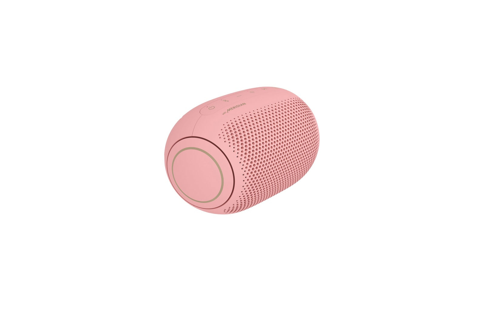 Altoparlante ovale rosa con un anello dorato attorno a un foro.