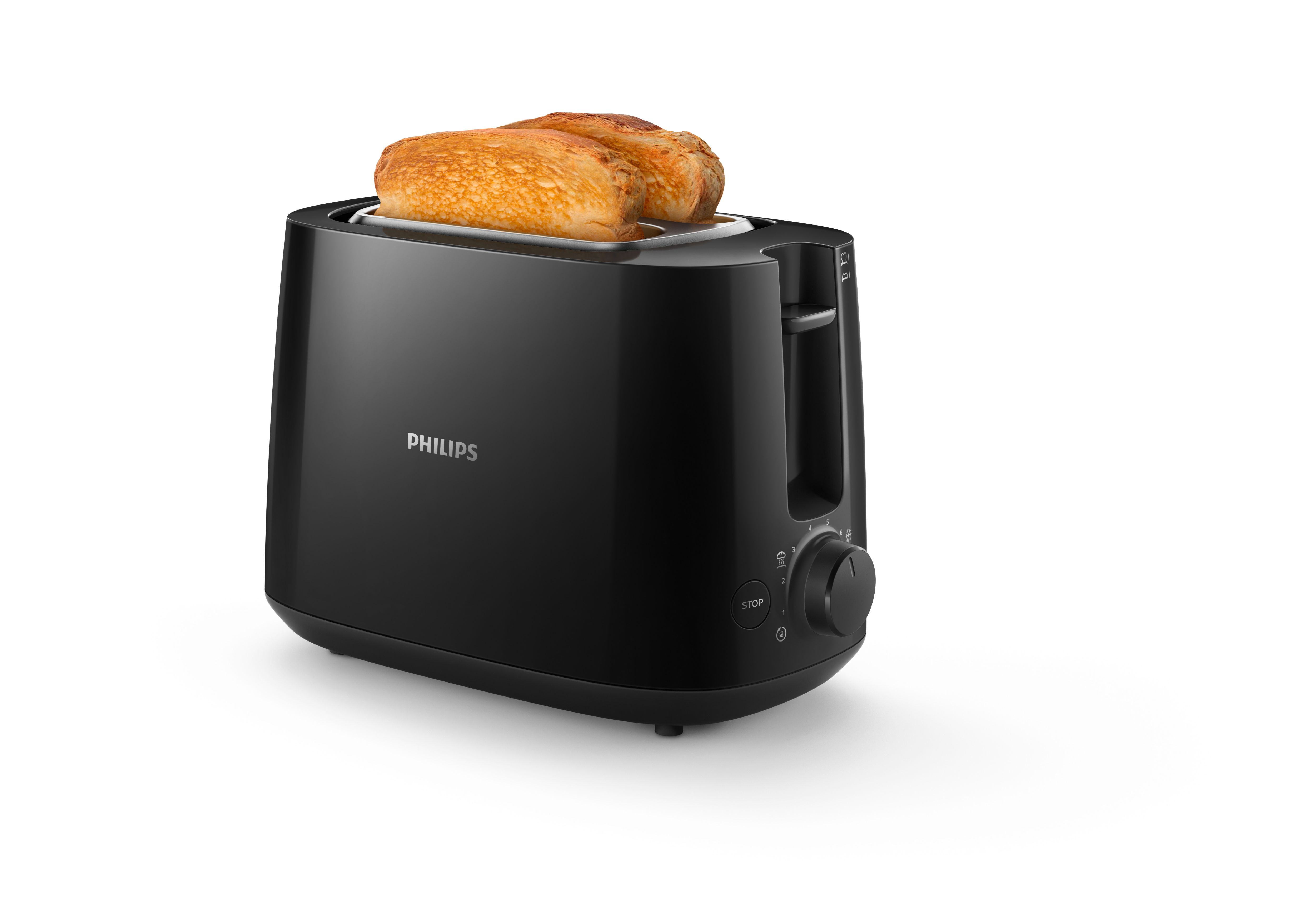 Czarny toster Philips z dwoma kromkami tostowanego chleba w środku.