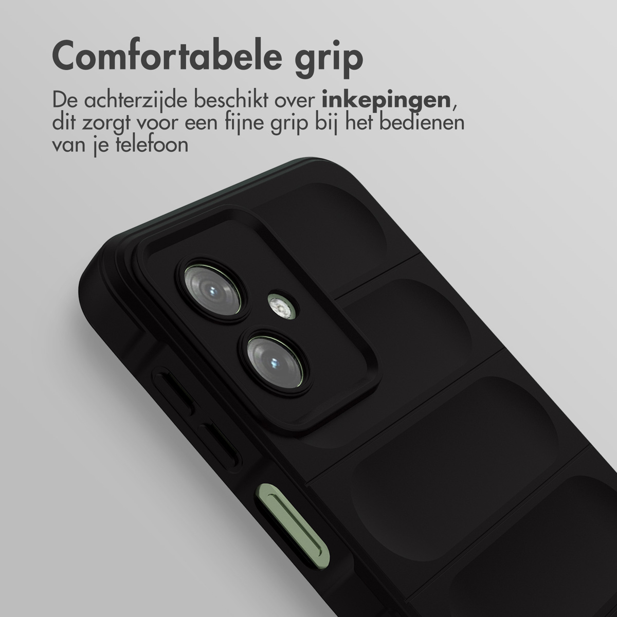 Close-up van een zwarte telefoonhoes. De hoes heeft een getextureerd oppervlak voor grip.
