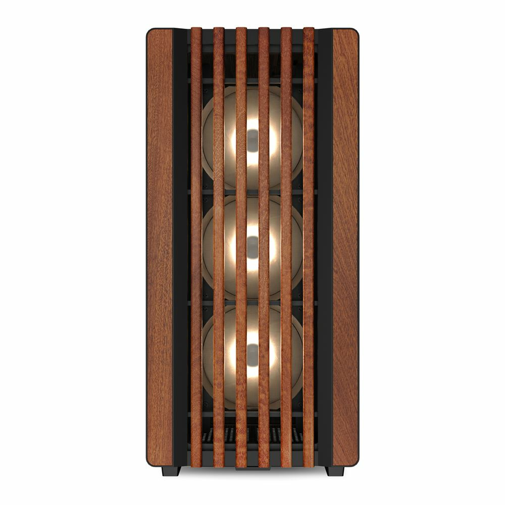 Case per computer con doghe di legno sul davanti, tre ventole illuminate visibili.