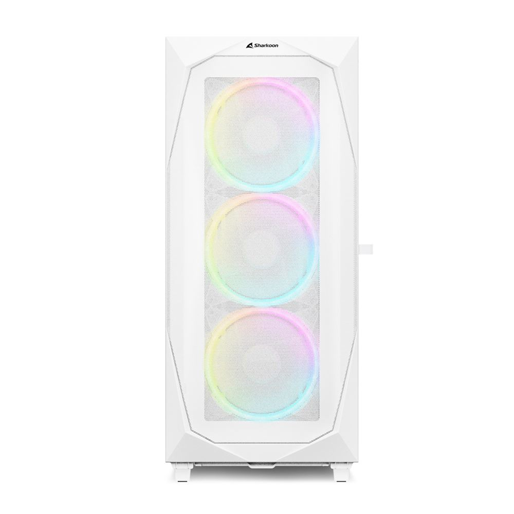 Pannello frontale del case del computer bianco. Presenta tre ventole RGB dietro un motivo a rete.