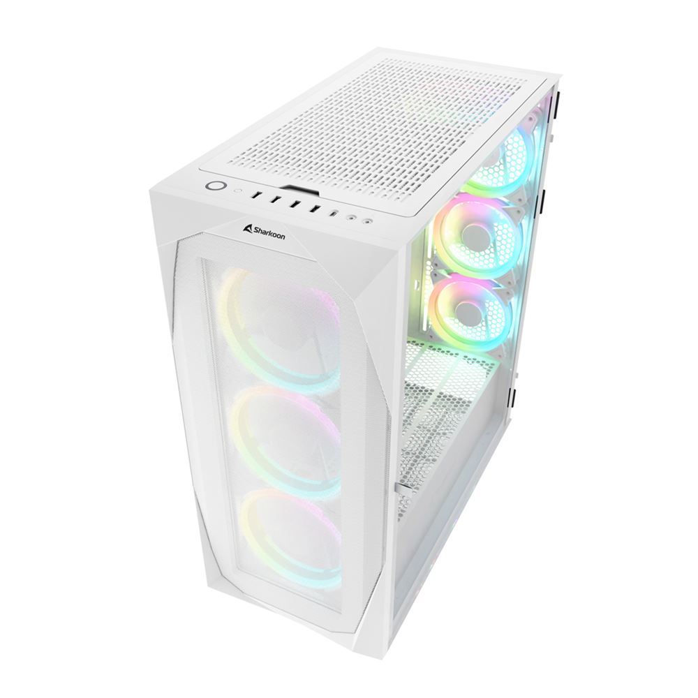 Case per computer bianco con ventole RGB, frontale in rete e pannello laterale in vetro, vista angolata.