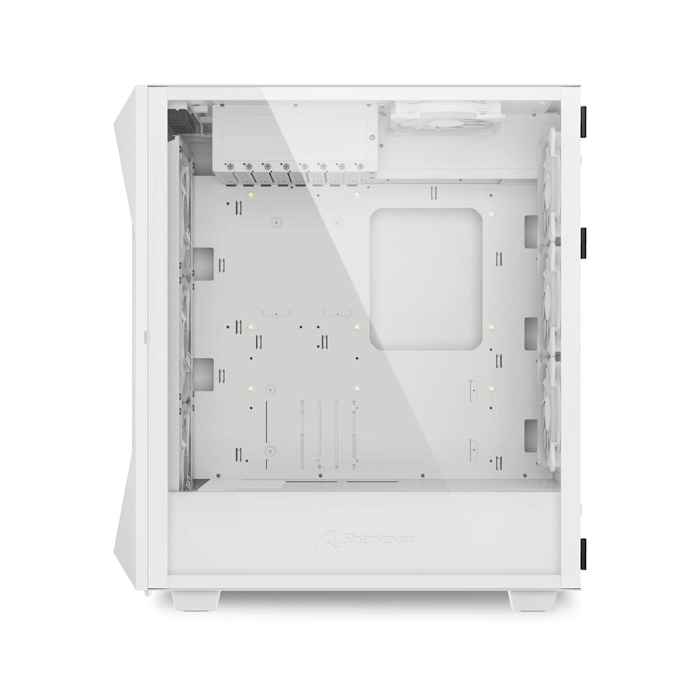 Interno di un case per computer bianco con pannello laterale trasparente, vista frontale.