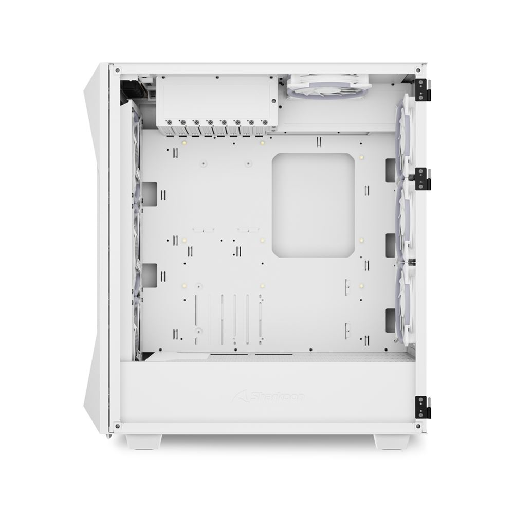 Interno di un case per computer bianco, con molte ventole e aree di montaggio. Pulito.