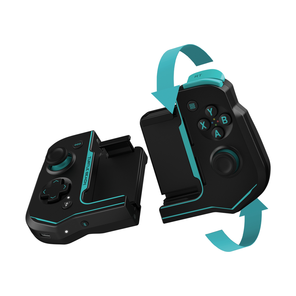 Controller di gioco Turtle Beach nero e verde acqua. Due parti separate da frecce blu.
