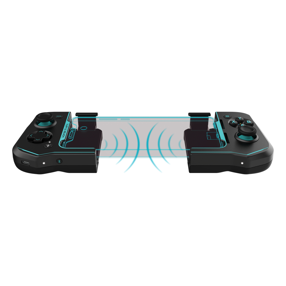 Un controller di gioco nero con due parti collegate da una luce blu e pulsanti.