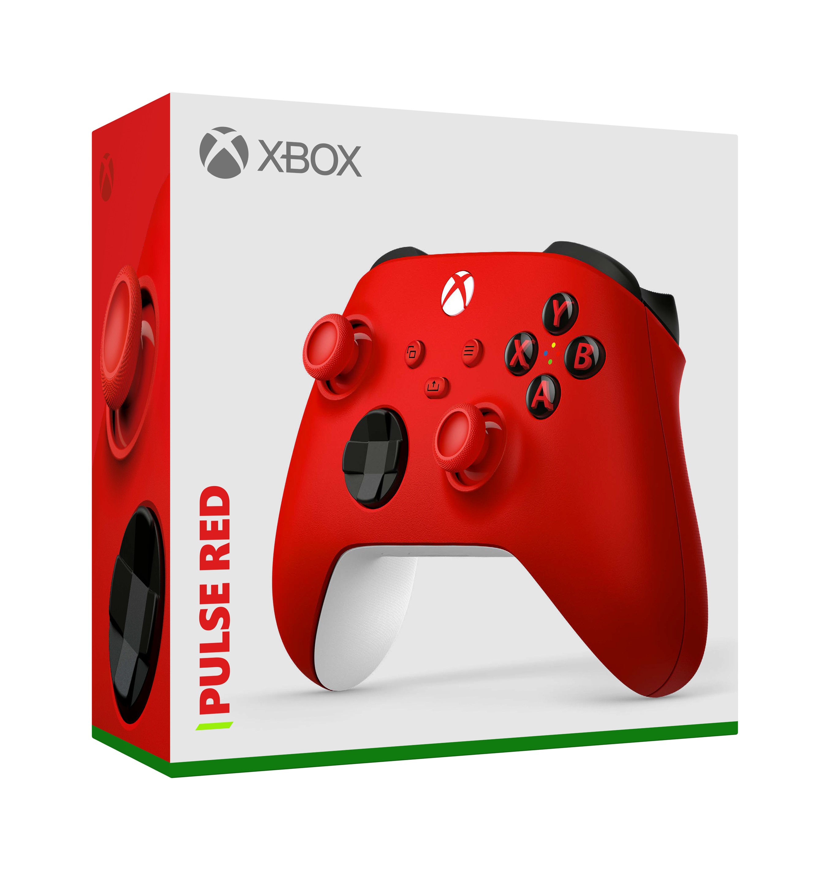 Czerwony kontroler Xbox w pudełku z napisem "PULSE RED". Białe tło.