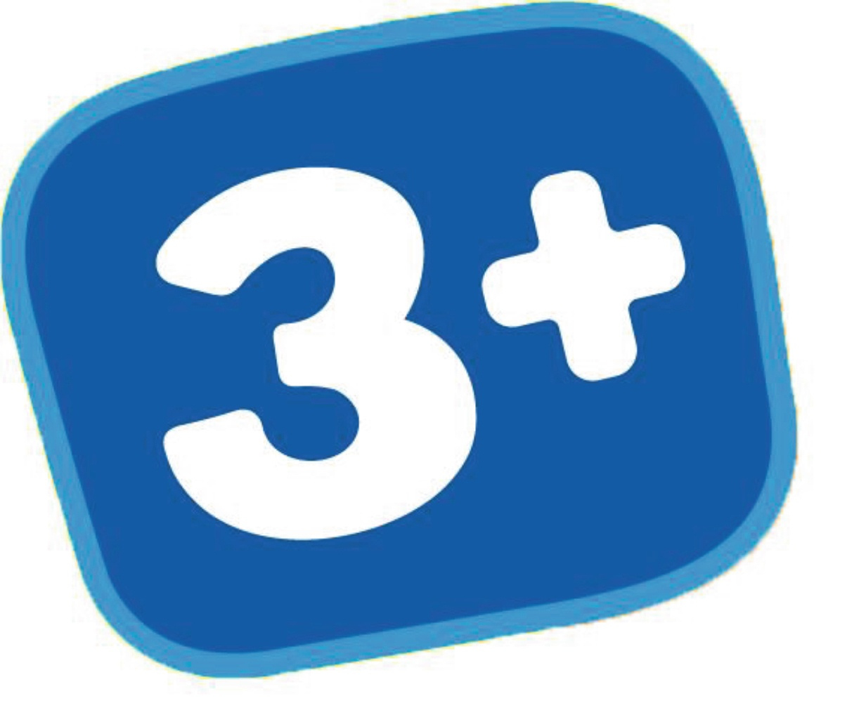 Blauw vierkant met witte tekst 3+ erin, wat aangeeft dat het speelgoed geschikt is voor kinderen van 3 jaar en ouder.