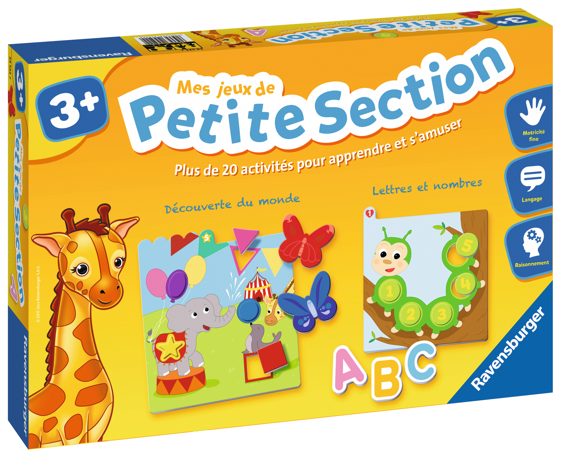 Verpakte kinderspel met giraf, circusdieren en kleurrijke vlinders. Inclusief ABC en een rups.