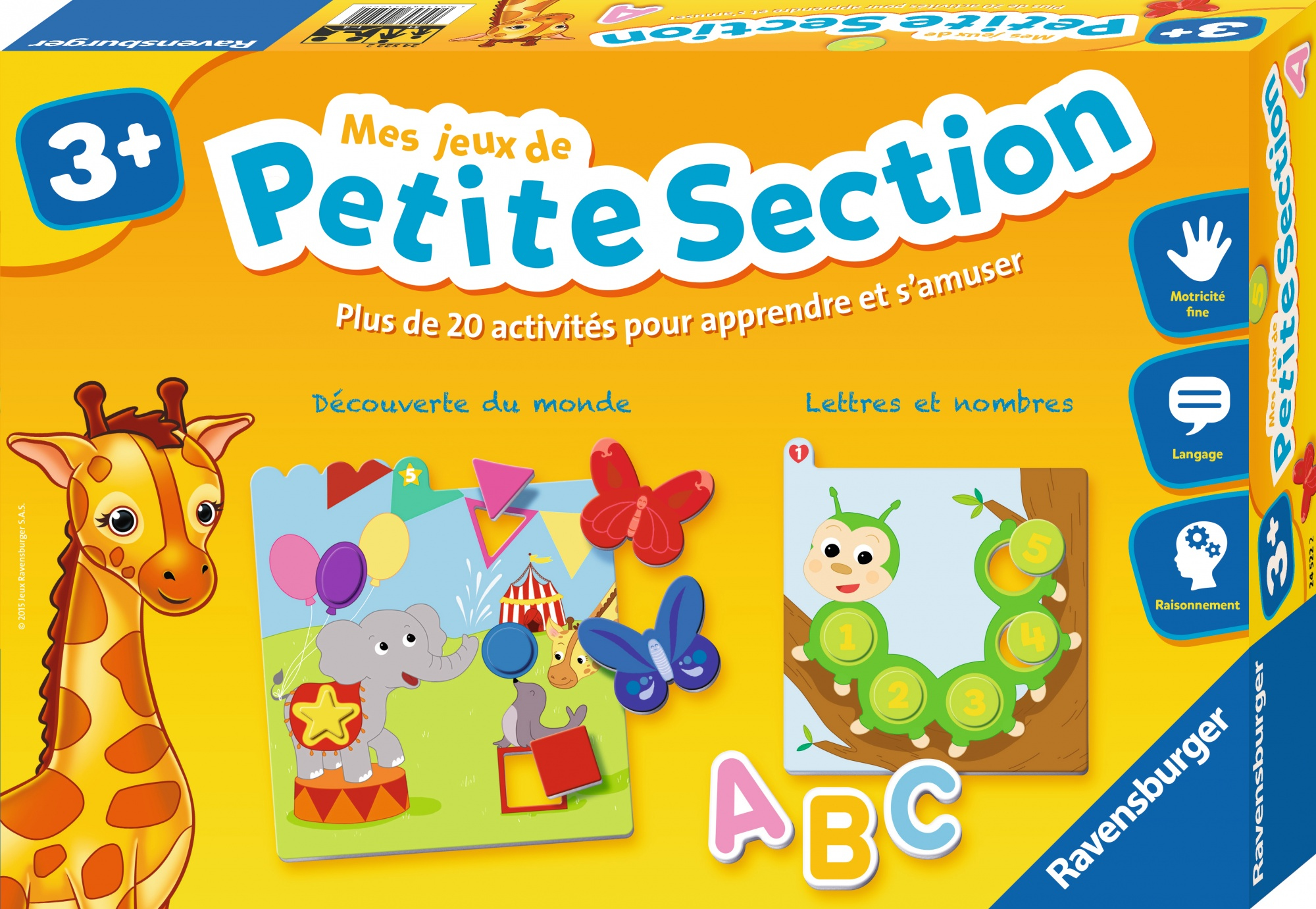 Verpakt kinderspel met giraffe, olifant, vlinders en een rups erop.