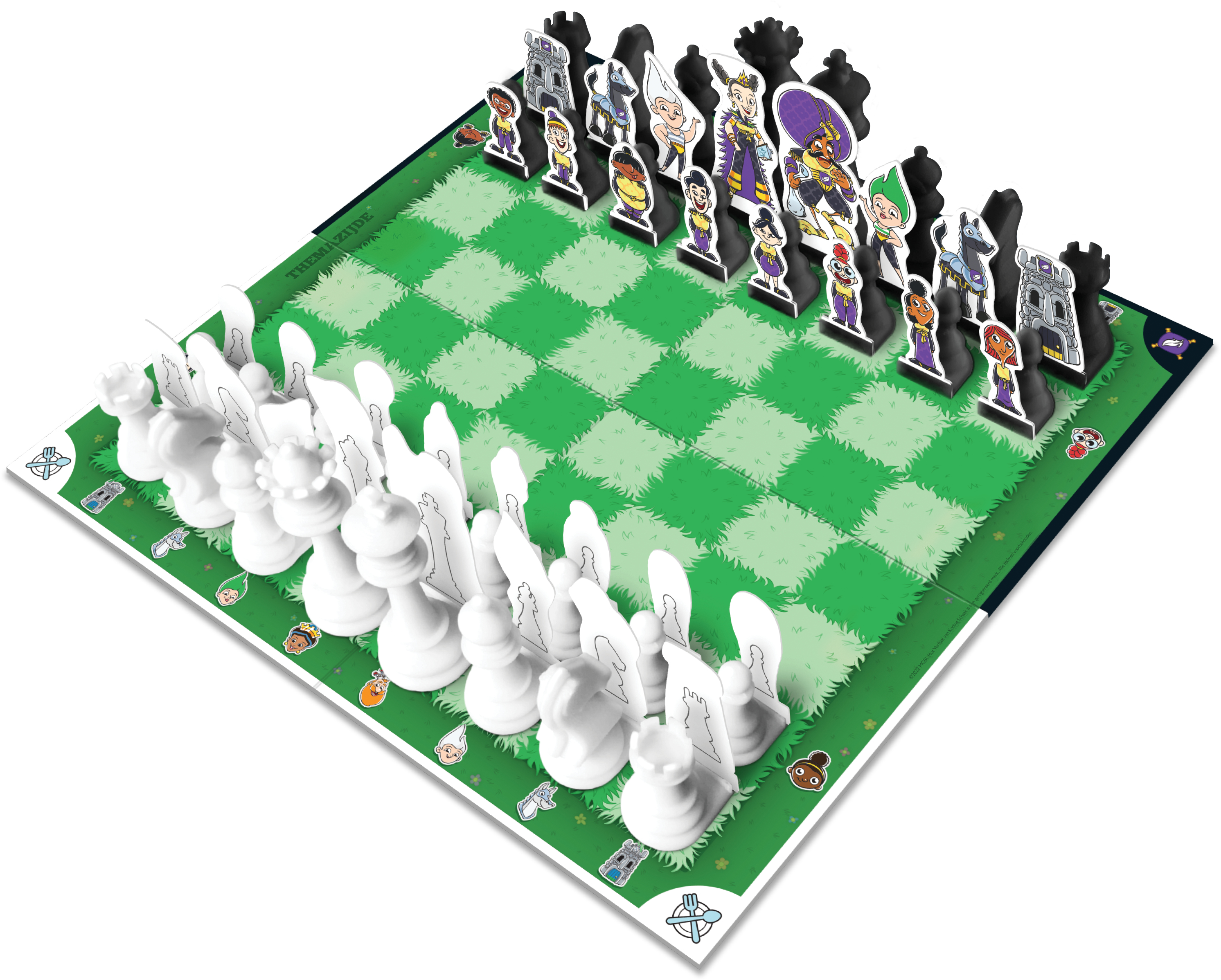 Scacchiera con pezzi 3D, campo verde, figure bianche e nere.