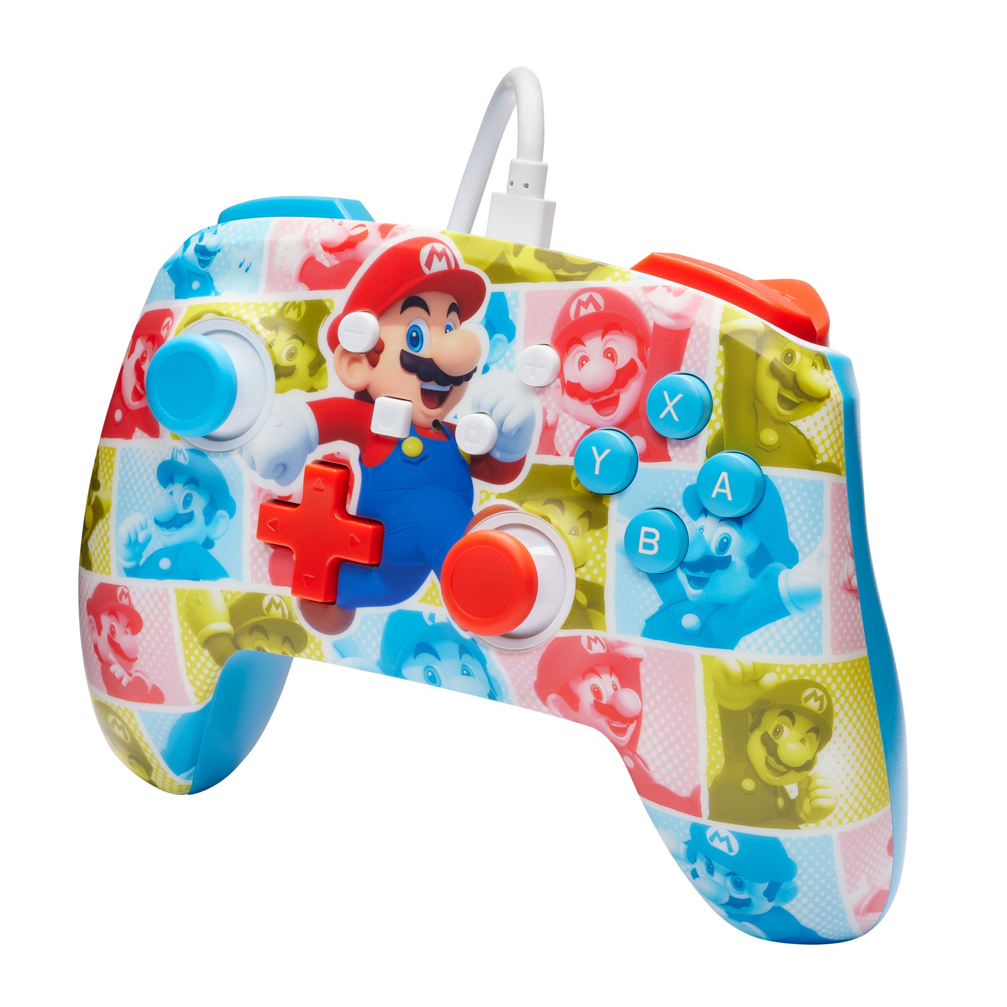 Kontroler do gier z motywem Mario z przyciskami: A, B, X, Y i D-pad. Kolorowy design z obrazami Mario.