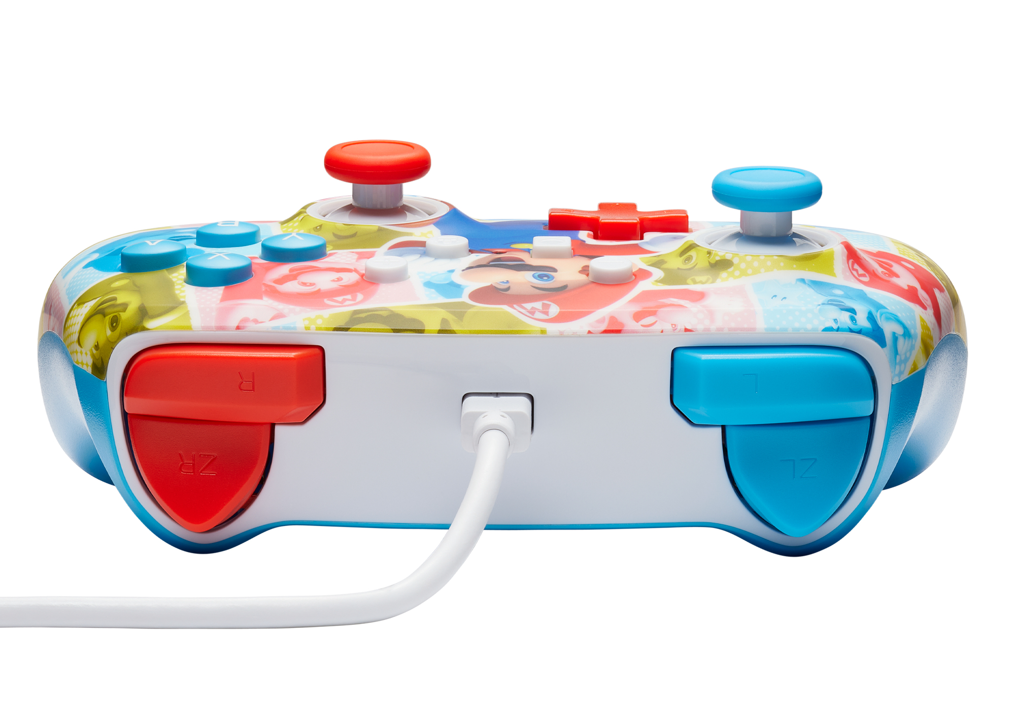 Kolorowy kontroler Nintendo Switch z czerwonymi i niebieskimi przyciskami i spustami.