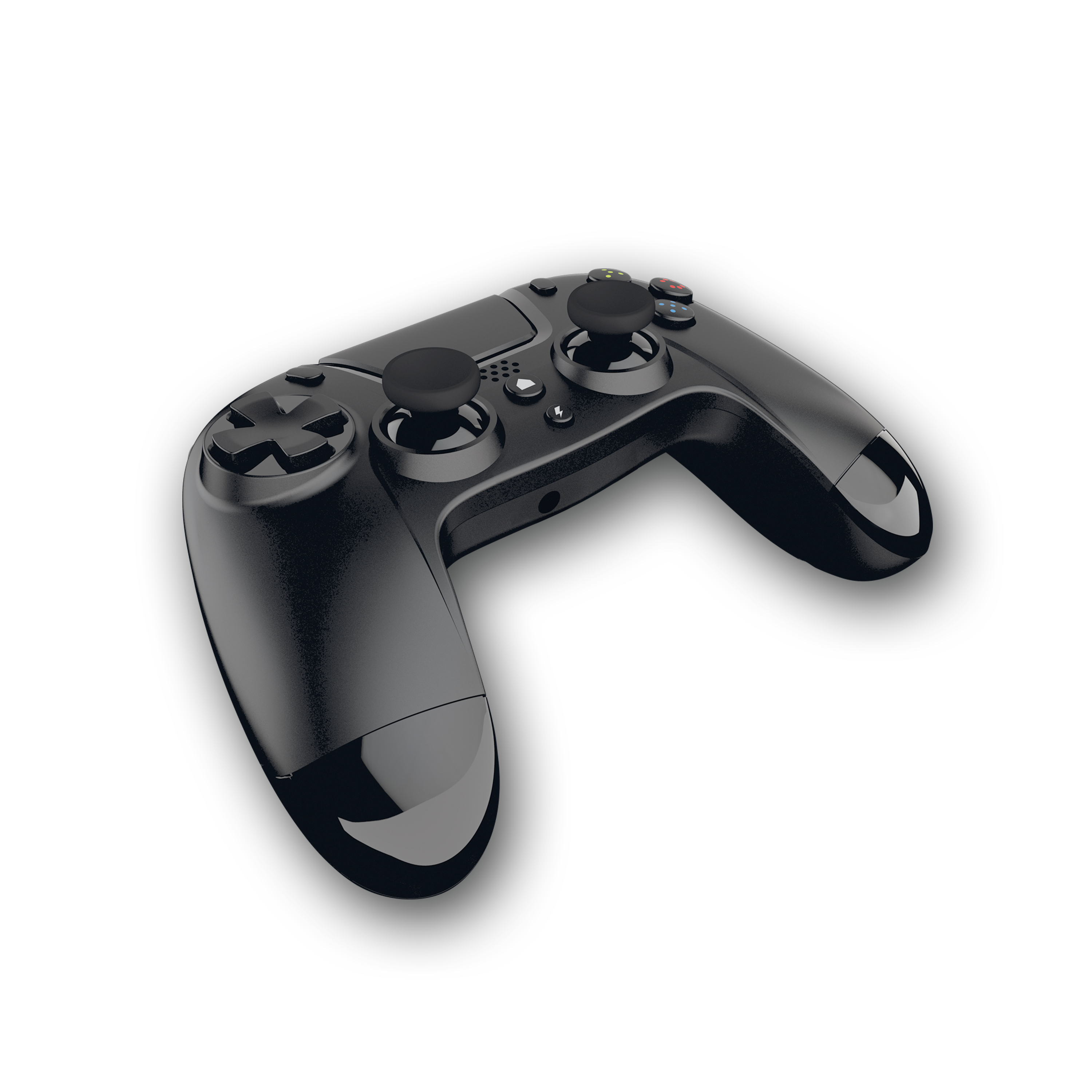 Controller di gioco nero su sfondo bianco. Ha pulsanti, joystick e grilletti.