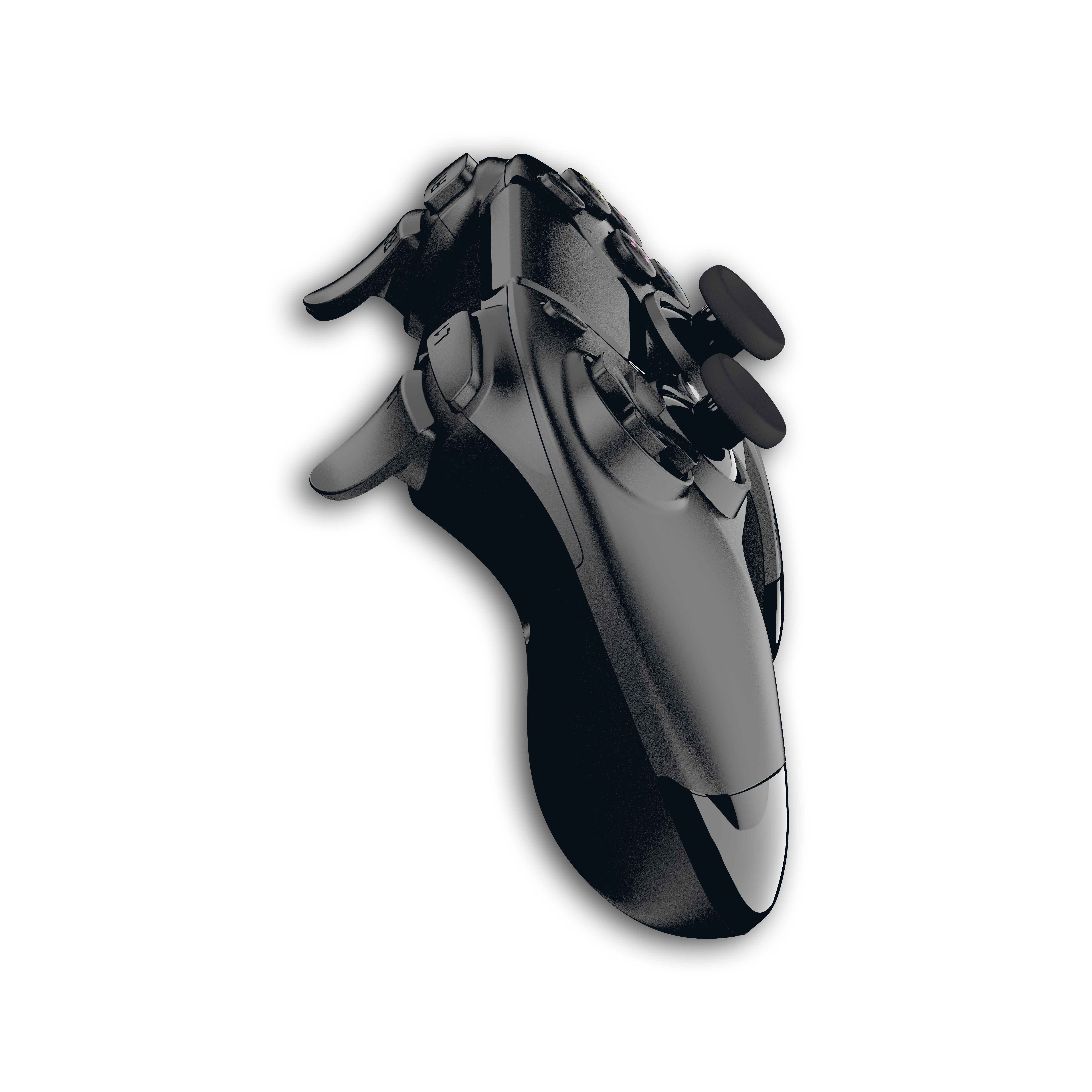 Controller di gioco nero, vista angolata, pulsanti e joystick visibili.