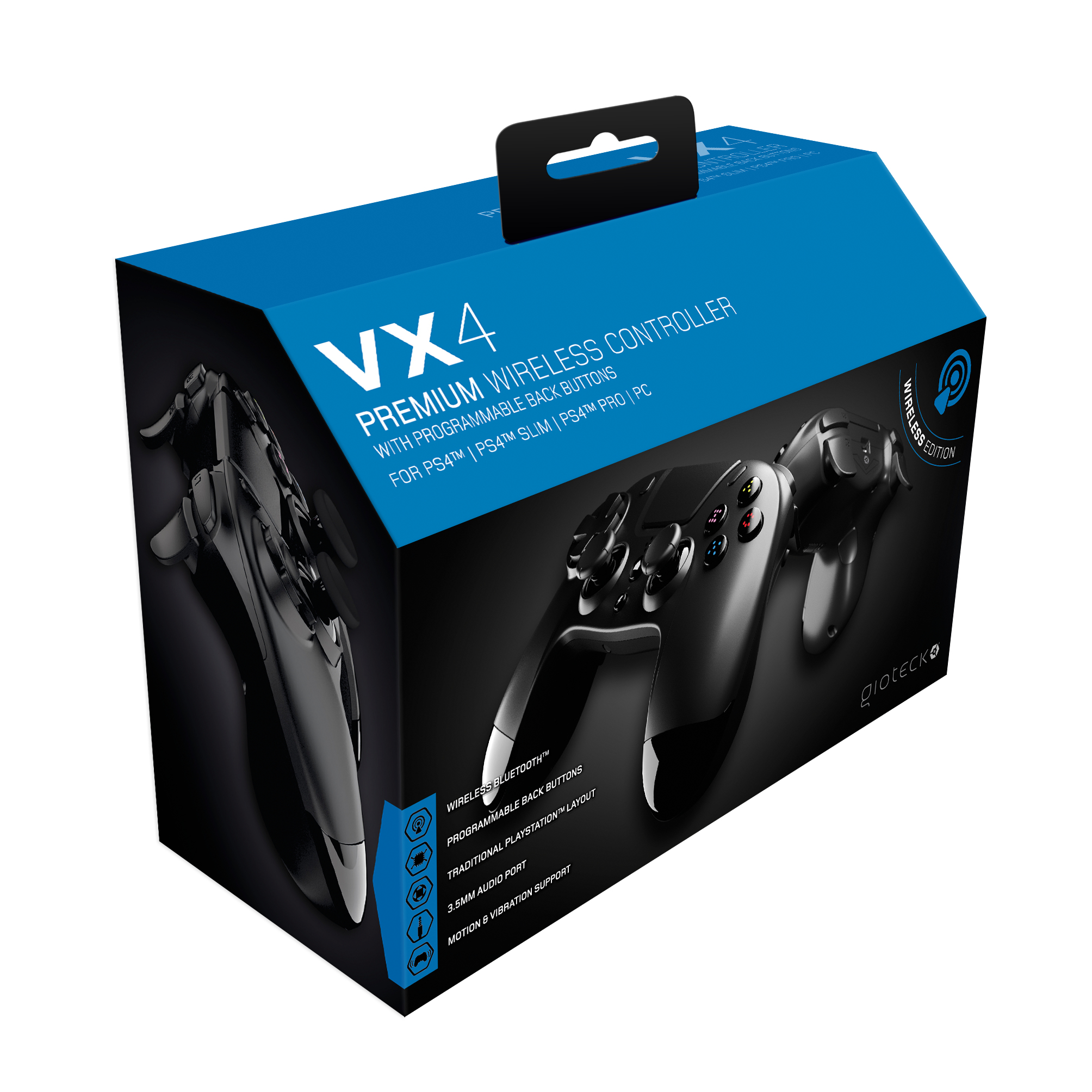 Scatola di un controller nero. Il testo sulla scatola indica che si tratta di un controller wireless per PlayStation.