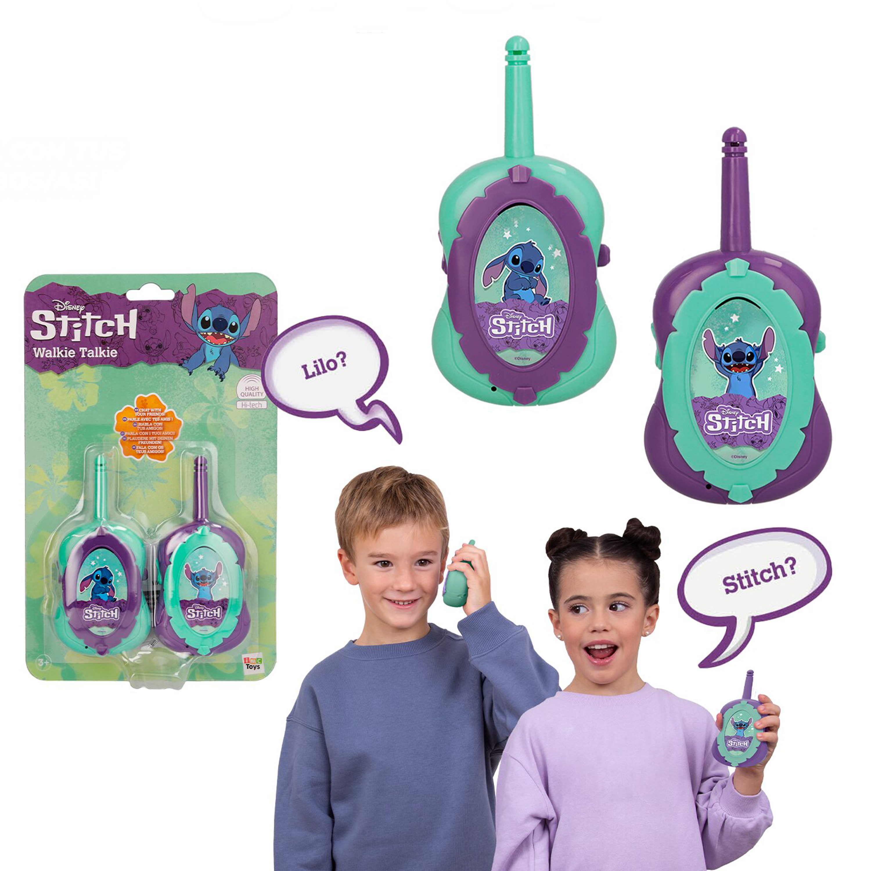 Zwei Kinder mit Stitch-Walkie-Talkies. Verpackung und zusätzliche Geräte.