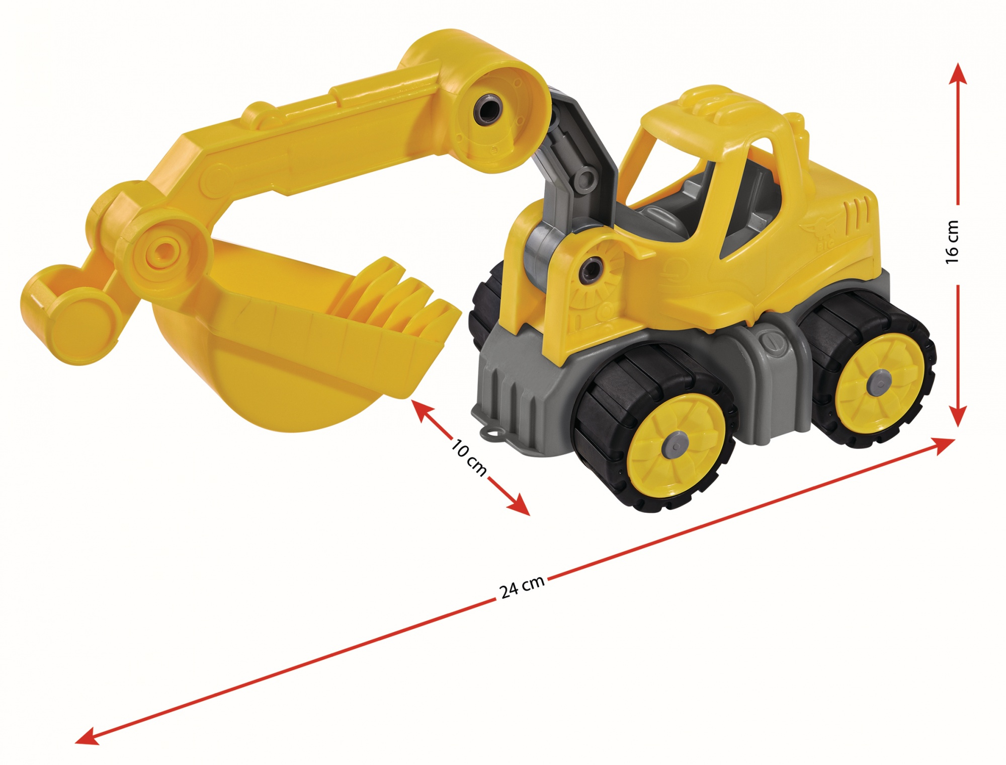 Żółta zabawka koparka z czarnymi kołami. Wymiary: 24 cm długości, 16 cm wysokości, 10 cm szerokości.