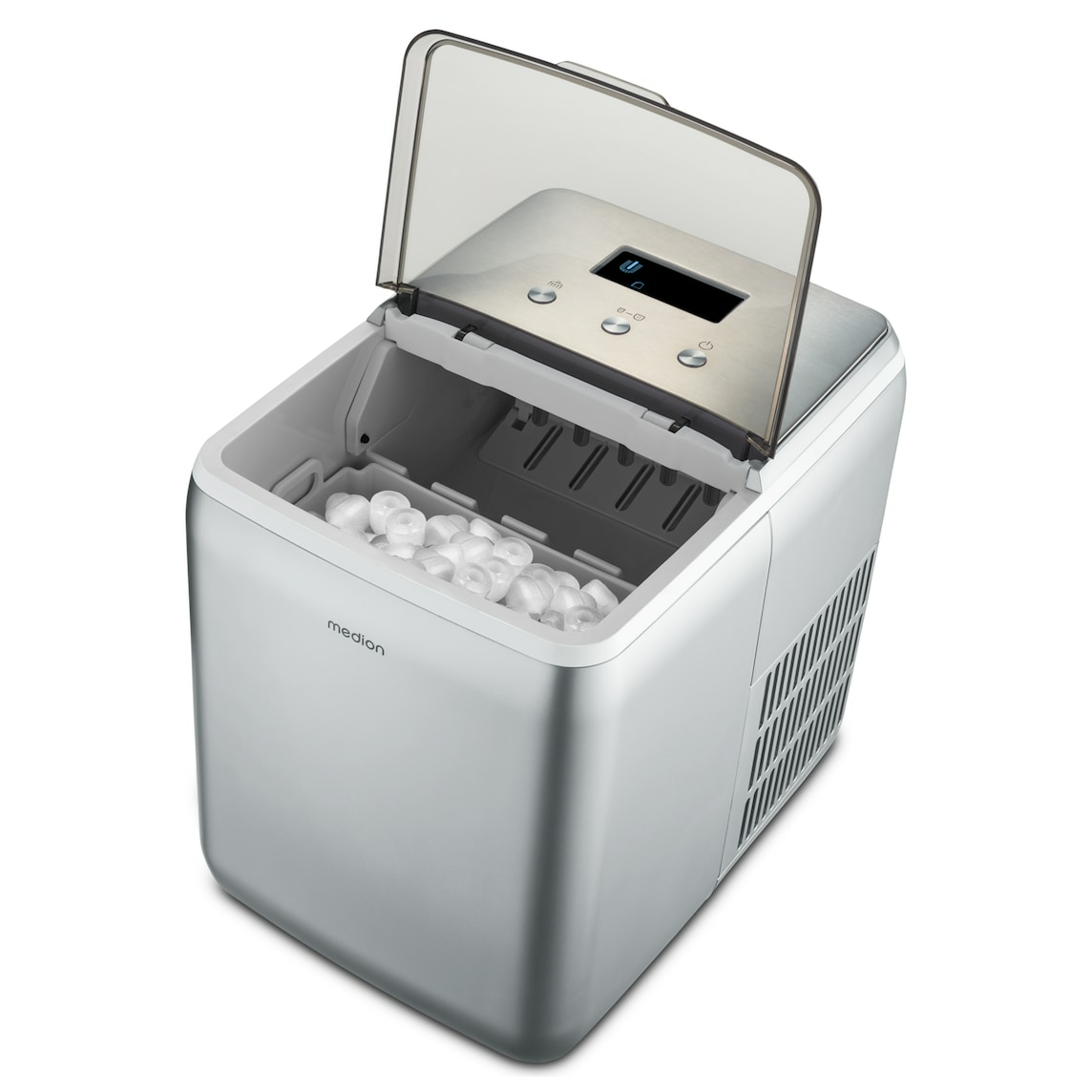 Srebrna kostkarka do lodu z kostkami lodu w środku. Pokrywa jest otwarta, pokazując wewnętrzną komorę.