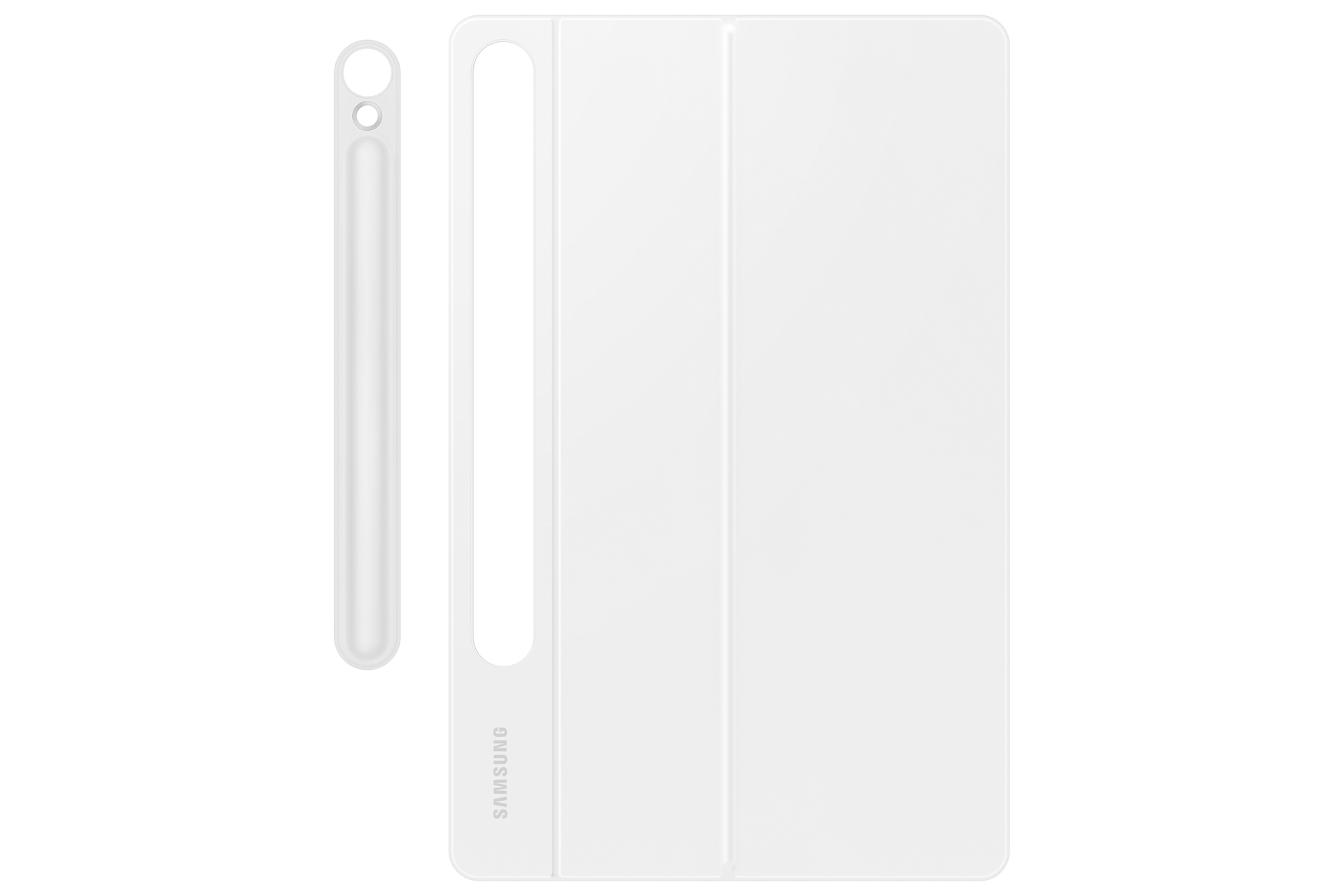 Una custodia per tablet bianca con uno stilo e il logo Samsung sopra.