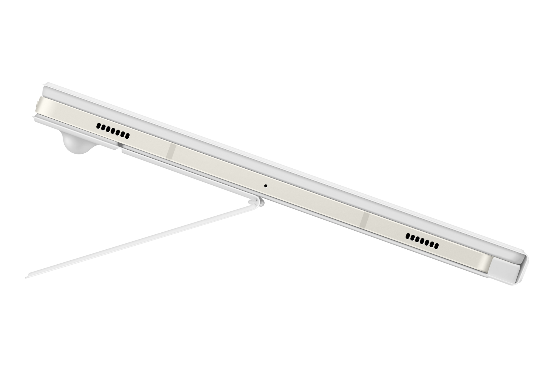 Un tablet bianco, vista laterale, sostenuto da un supporto. Ha altoparlanti e porte.