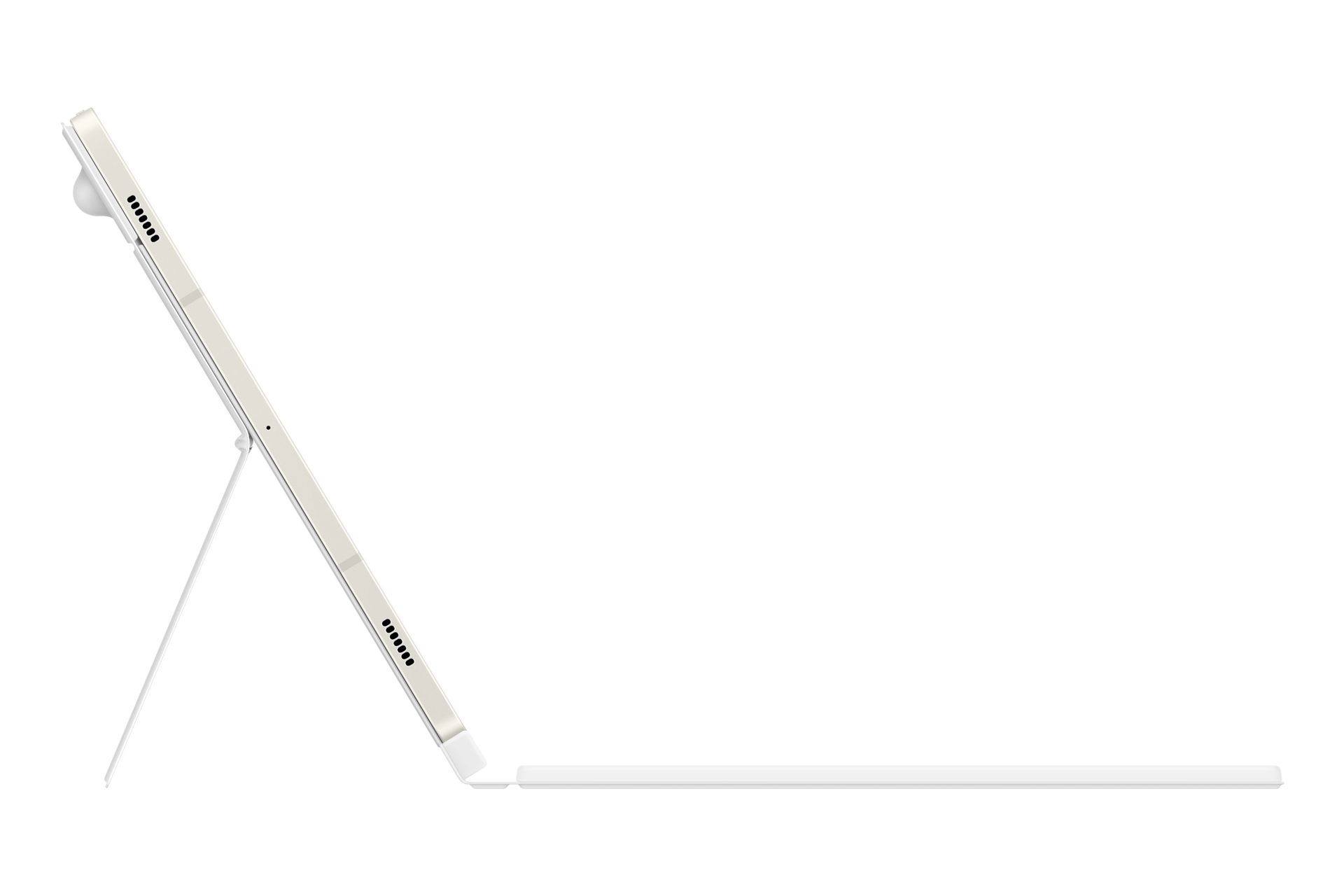 Un tablet bianco con un supporto e uno stilo. Il tablet è inclinato. Sfondo bianco.