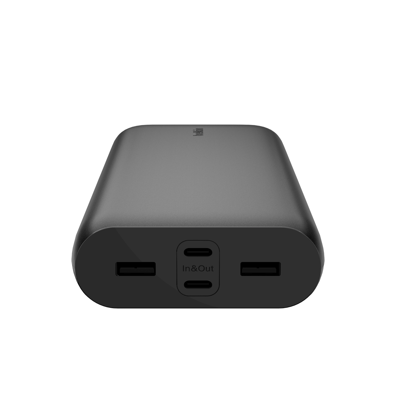 Batterie externe noire. Dispose de deux ports USB et d'un port Entrée/Sortie.