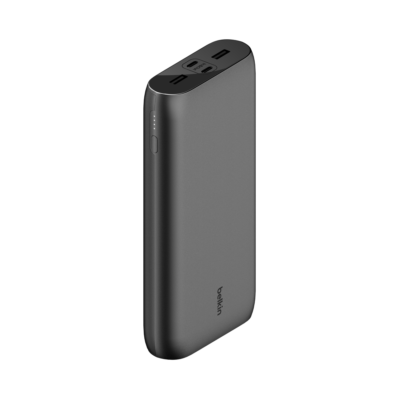 Une batterie externe Belkin grise est affichée. Elle a des ports et un bouton d'alimentation.