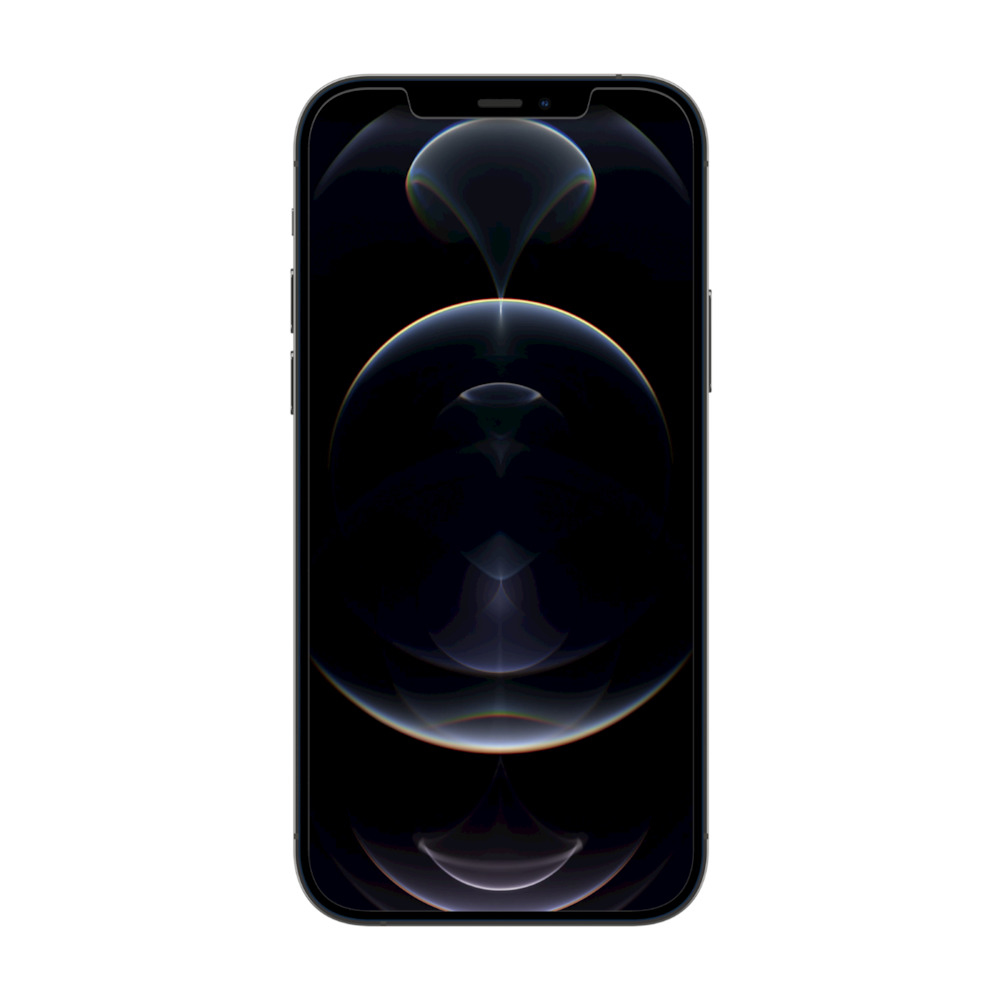Un iPhone nero che mostra uno sfondo scuro e astratto con gradienti blu e bianchi.