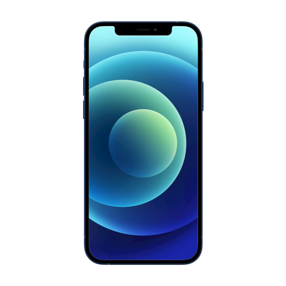 Un iPhone 12 nero con uno schermo blu che mostra cerchi concentrici blu e verdi.