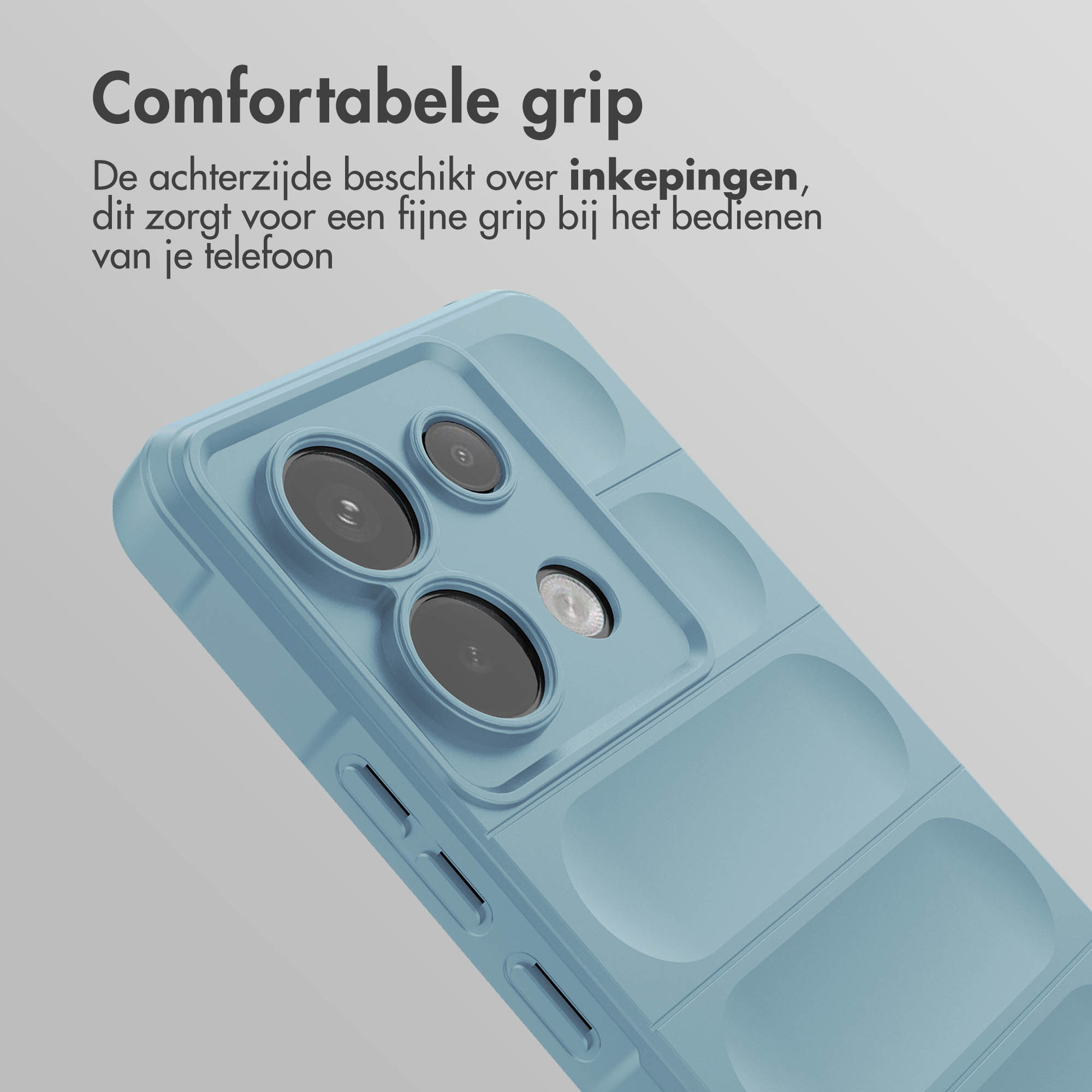 Lichtblauwe telefoonhoes met camera-uitsparingen. Tekst: Comfortabele grip.