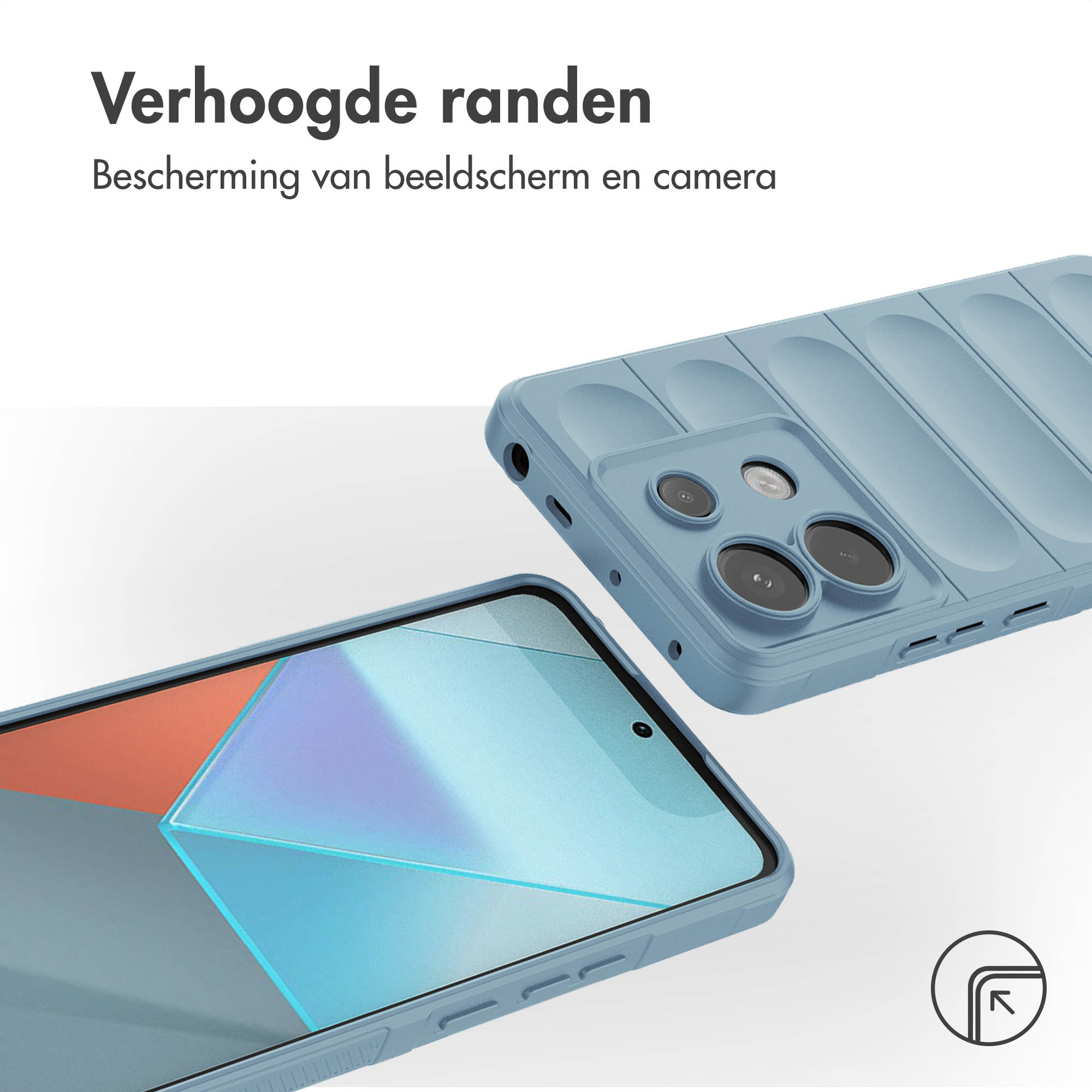Blauwe telefoonhoes met verhoogde randen, met een telefoon links met een scherm.