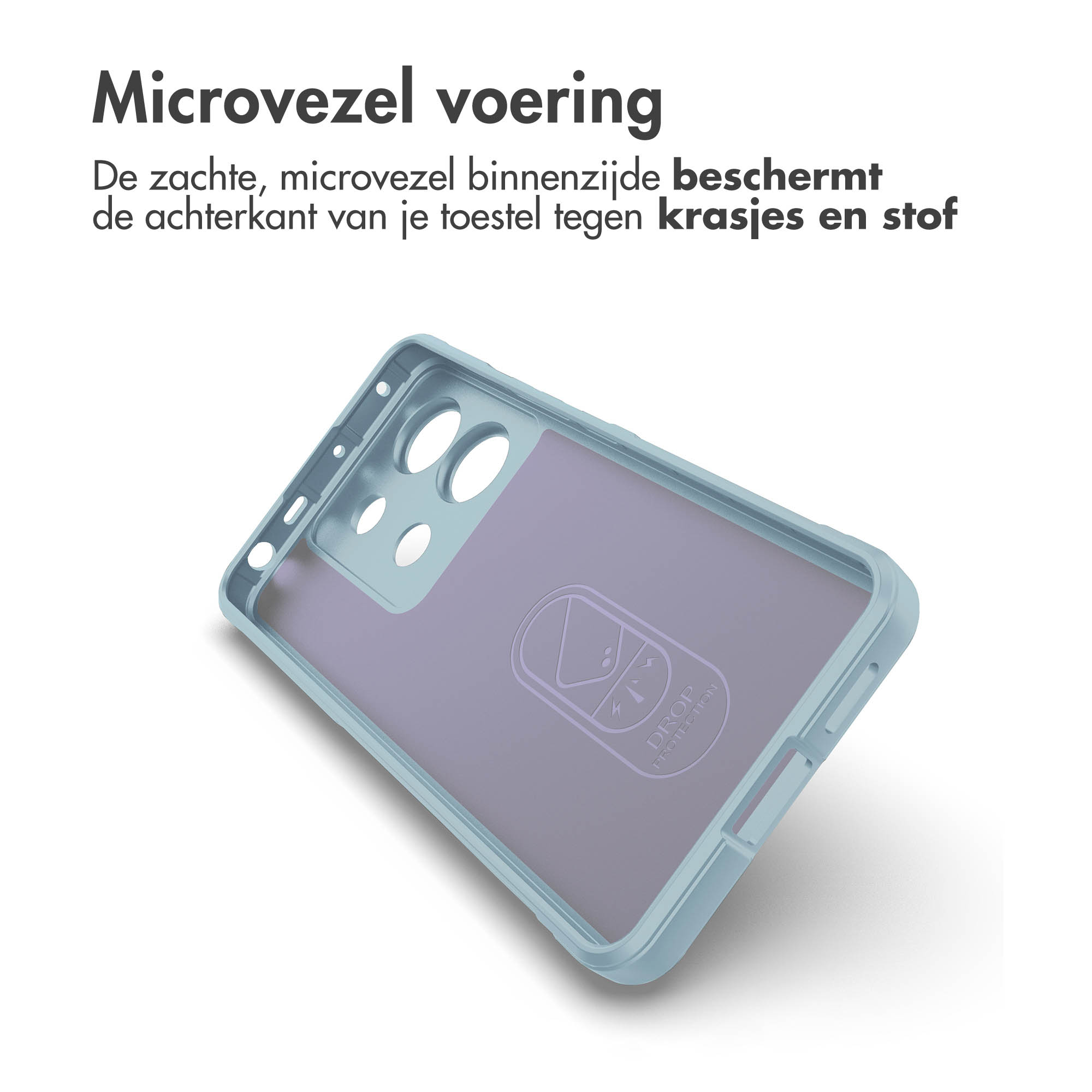 Blauwe telefoonhoes met een lichtblauw frame en een paars interieur, schuine weergave.