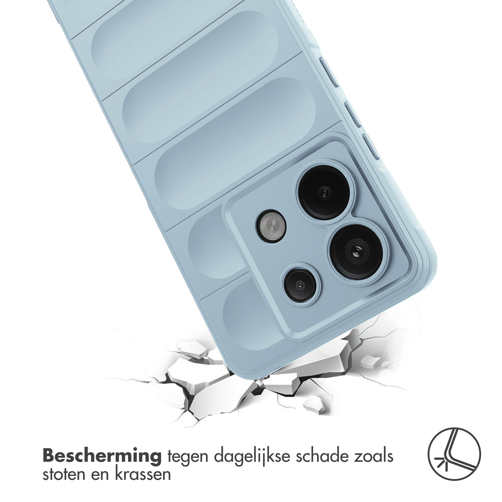 Lichtblauwe telefoonhoes valt op gebarsten grond, de tekst zegt bescherming tegen dagelijkse schade.