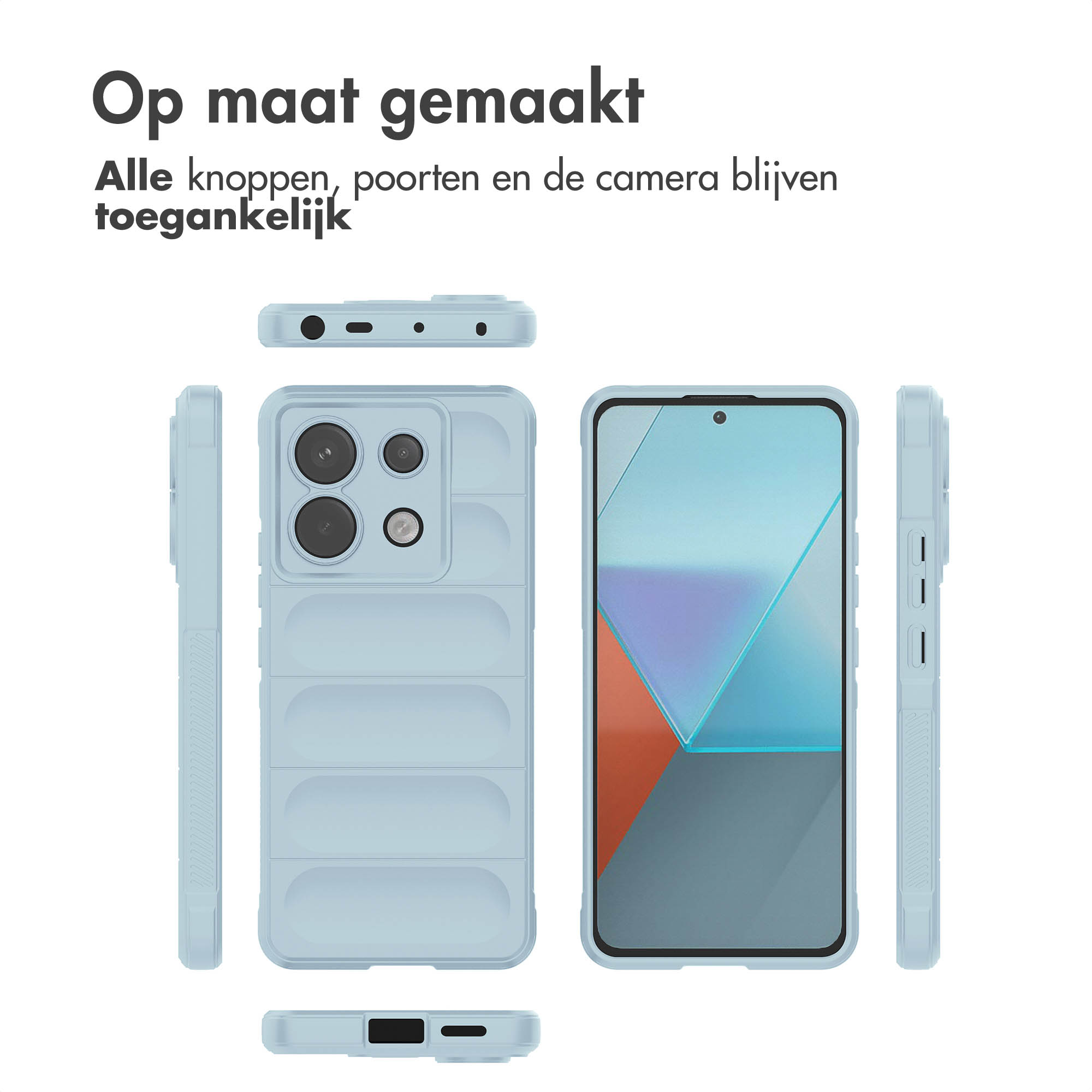 Lichtblauwe telefoonhoes. Meerdere aanzichten, met uitsparingen voor knoppen en camera. Witte achtergrond.