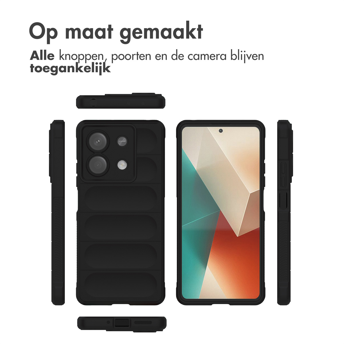 Zwarte telefoonhoes met telefoon, verschillende hoeken. Tekst: 'Op maat gemaakt'.